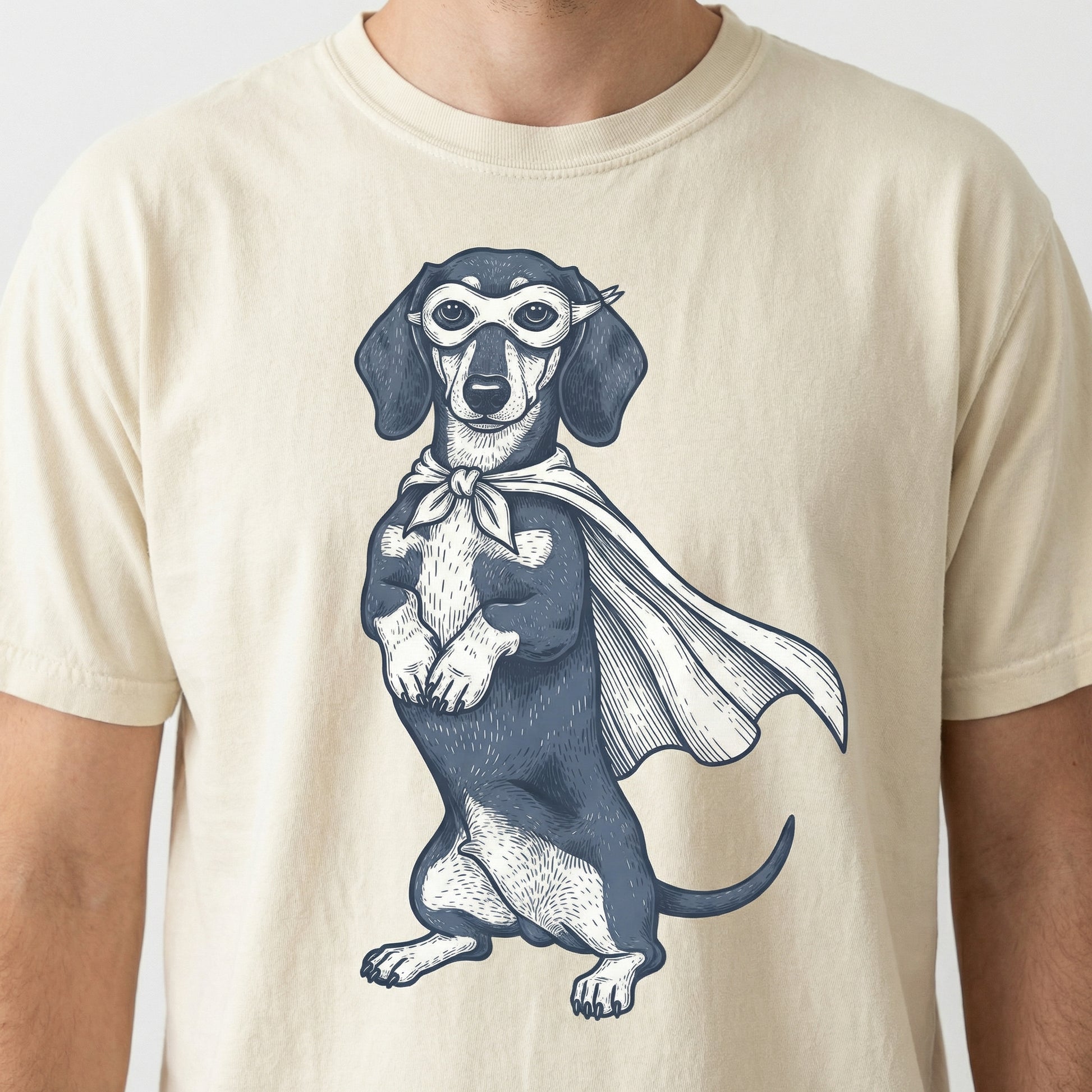 Dachshund Reluctant Hero Graphic T-Shirt – Funny Doxie Super Dog Tee
