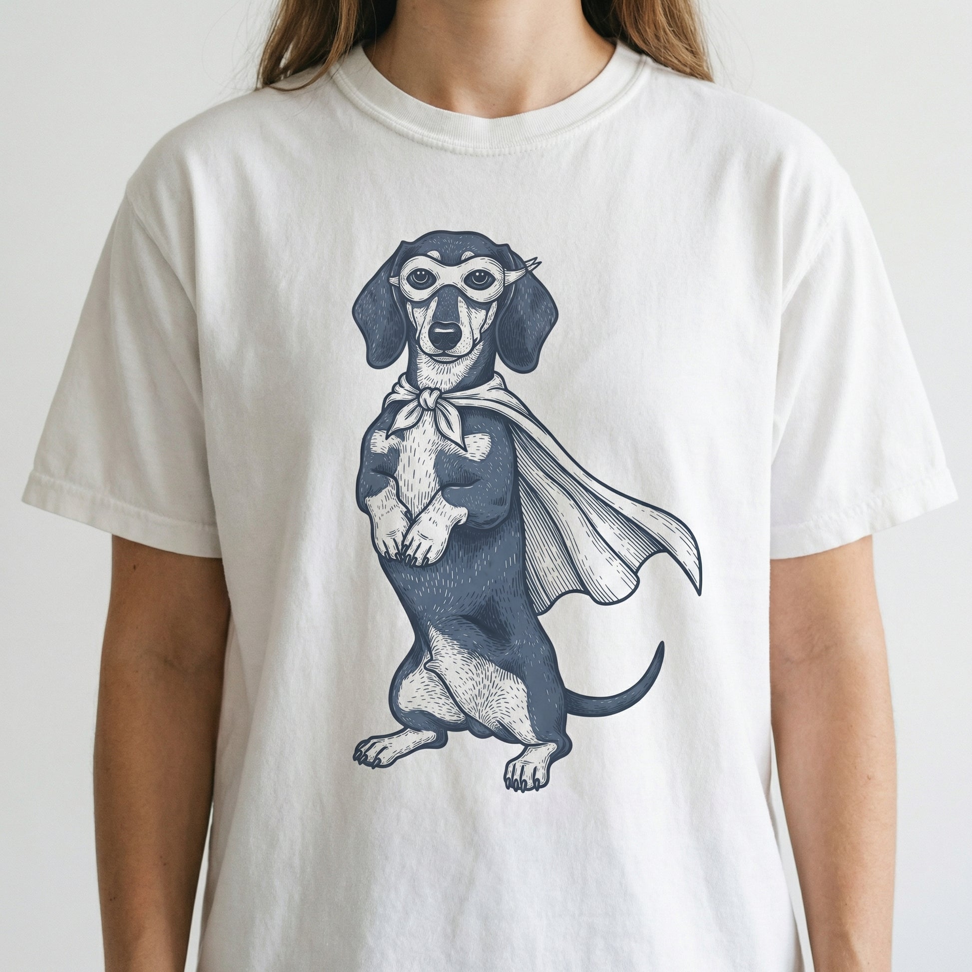 Dachshund Reluctant Hero Graphic T-Shirt – Funny Doxie Super Dog Tee