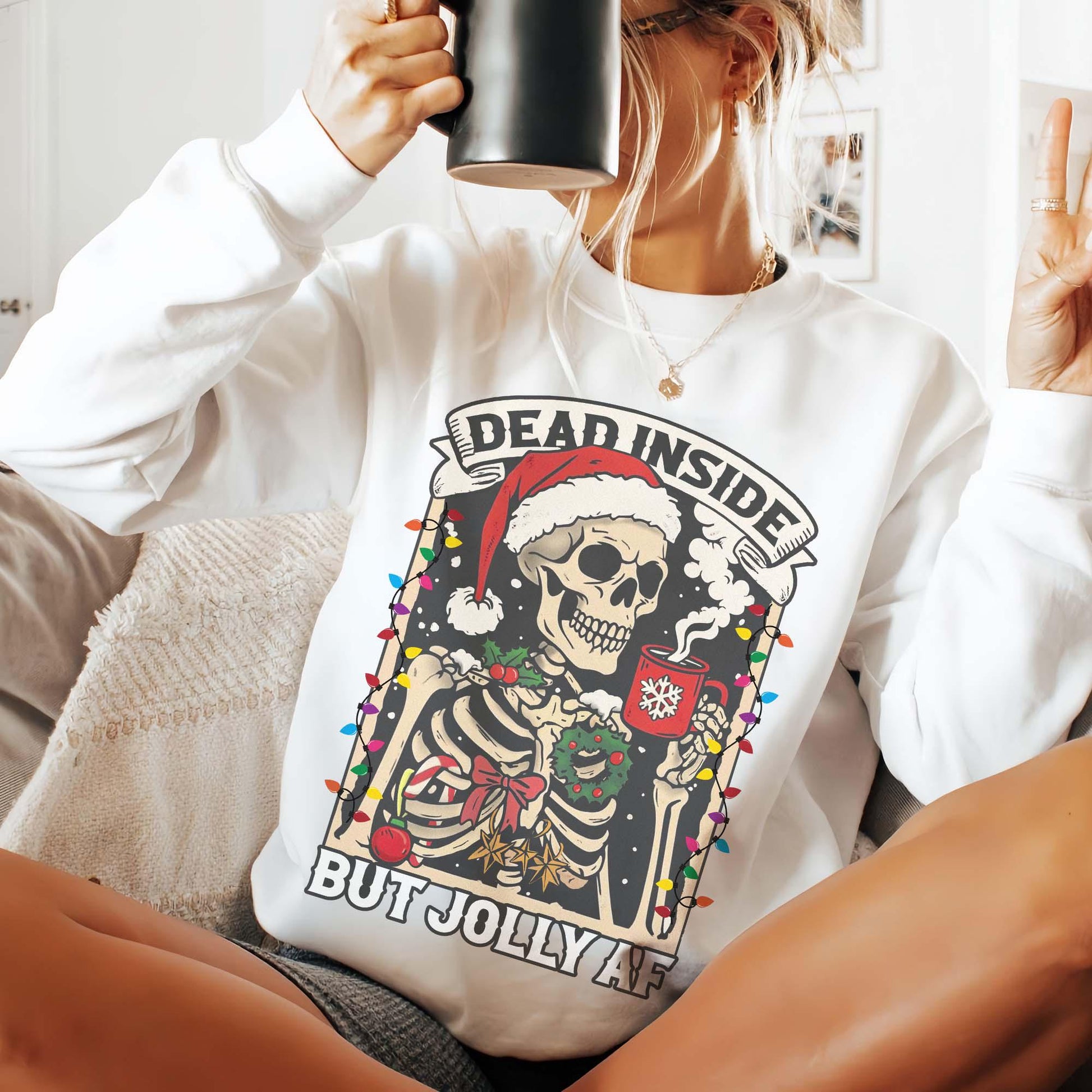 Dead Inside Skeleton Christmas Sweatshirt – Coffee Lover Christmas Sweater – Dead Inside But Jolly AF Shirt