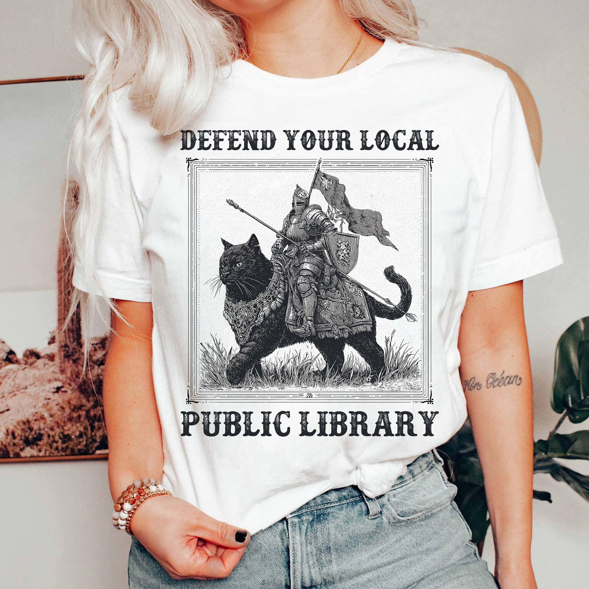 Defend Your Local Public Library Shirt – Funny Knight Cat Tee – Book Lover Reading Gift