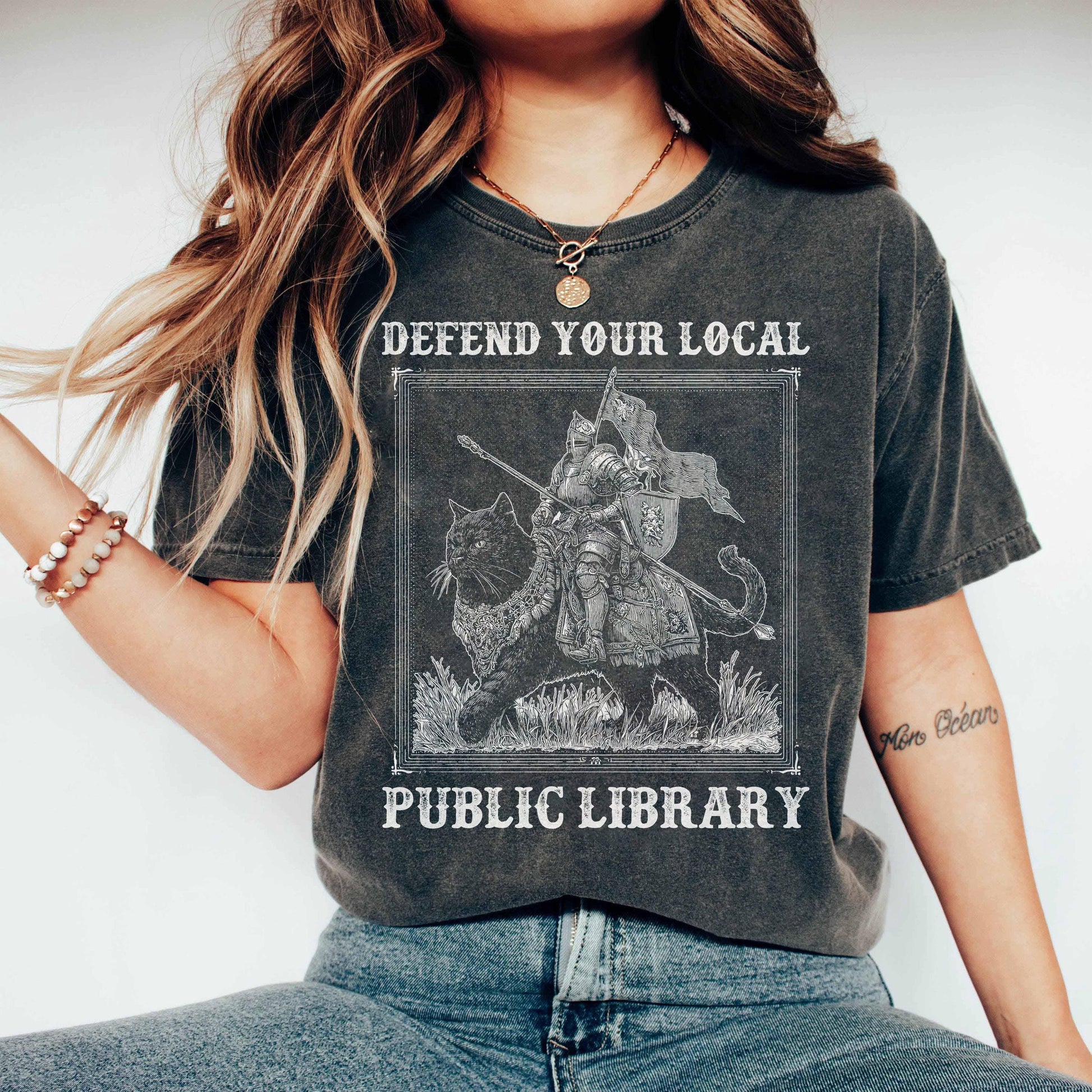 Defend Your Local Public Library Shirt – Funny Knight Cat Tee – Book Lover Reading Gift