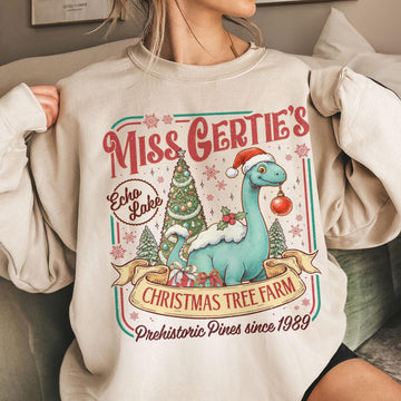 Dinosaur Christmas Tree Farm Sweatshirt – Theme Park Christmas Shirt, Miss Gertie’s Holiday Vacation Tee, Funny Xmas Gift