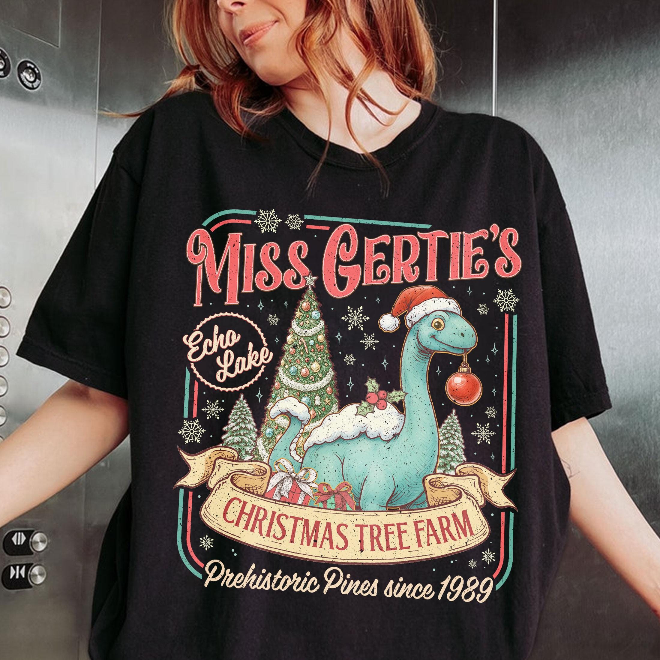 Dinosaur Christmas Tree Farm Sweatshirt – Theme Park Christmas Shirt, Miss Gertie’s Holiday Vacation Tee, Funny Xmas Gift
