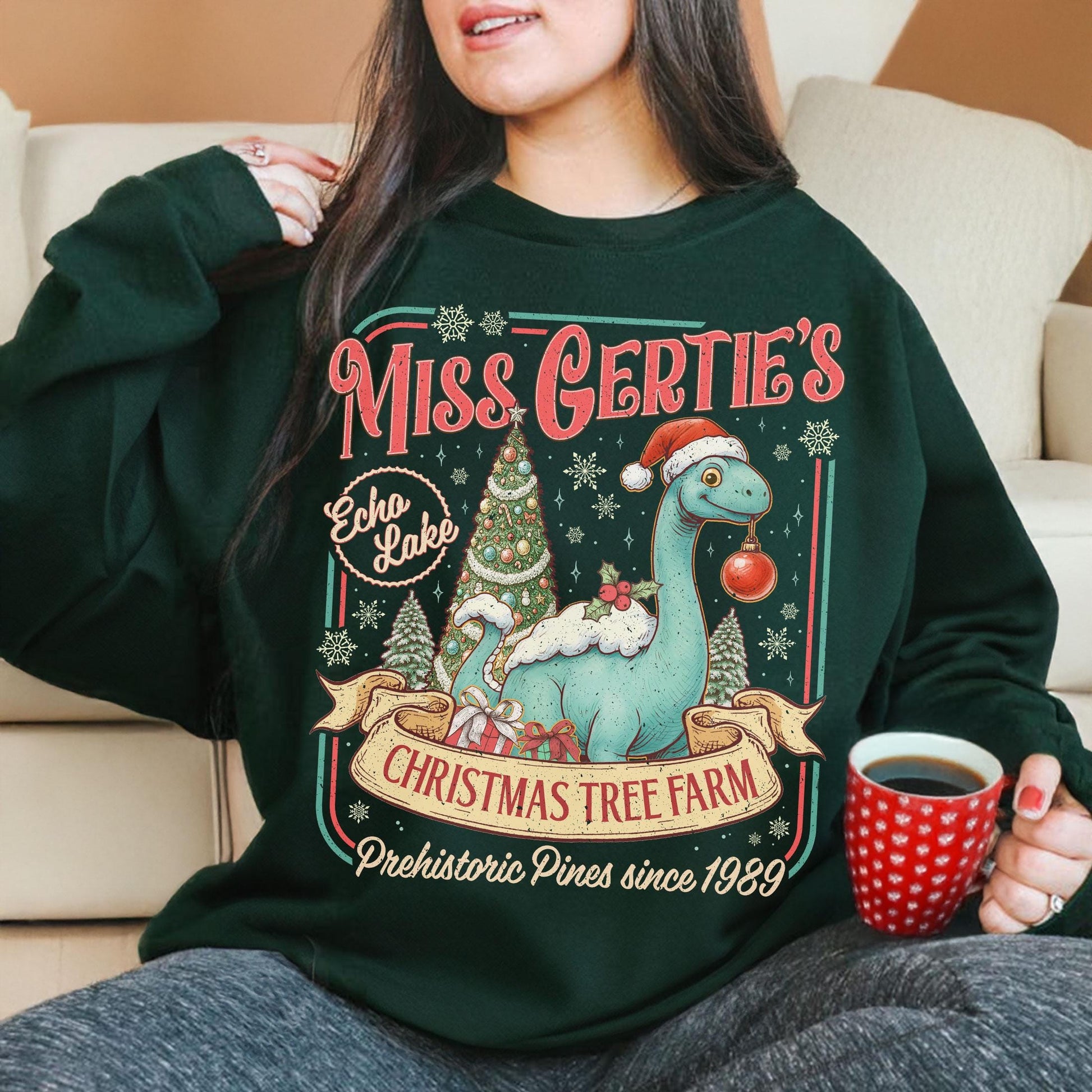 Dinosaur Christmas Tree Farm Sweatshirt – Theme Park Christmas Shirt, Miss Gertie’s Holiday Vacation Tee, Funny Xmas Gift