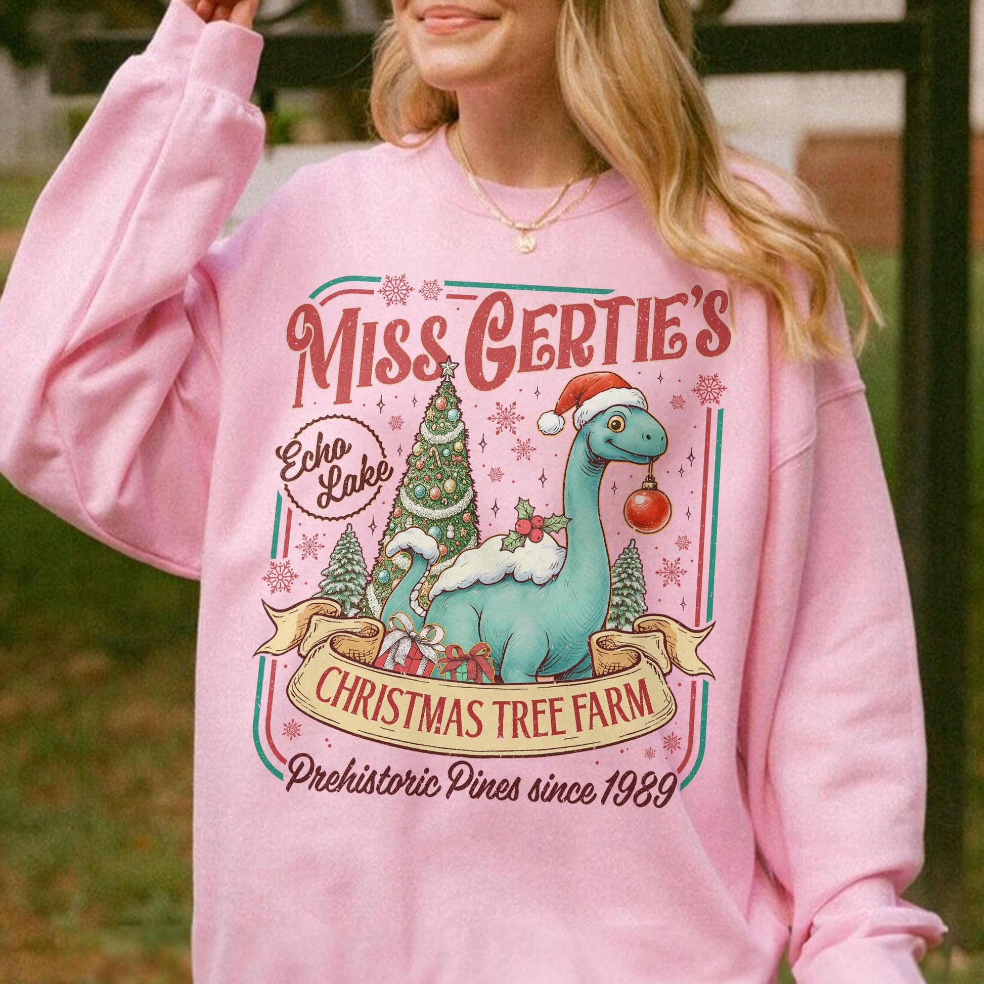 Dinosaur Christmas Tree Farm Sweatshirt – Theme Park Christmas Shirt, Miss Gertie’s Holiday Vacation Tee, Funny Xmas Gift