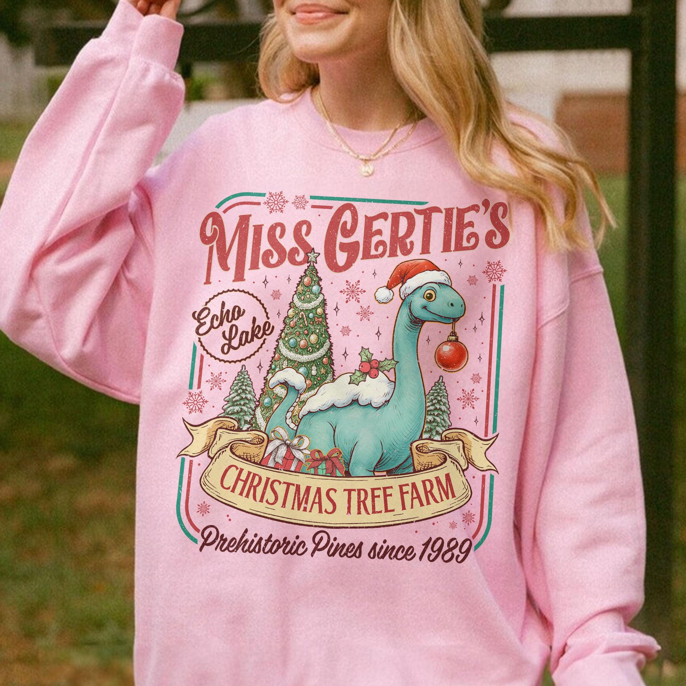 Dinosaur Christmas Tree Farm Sweatshirt – Theme Park Christmas Shirt, Miss Gertie’s Holiday Vacation Tee, Funny Xmas Gift