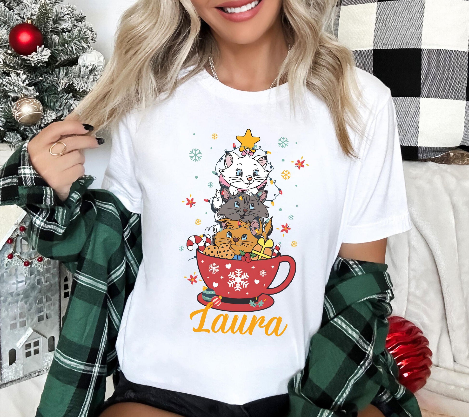 Cute Pink Cat Christmas Shirt – Festive Holiday Lights Tee