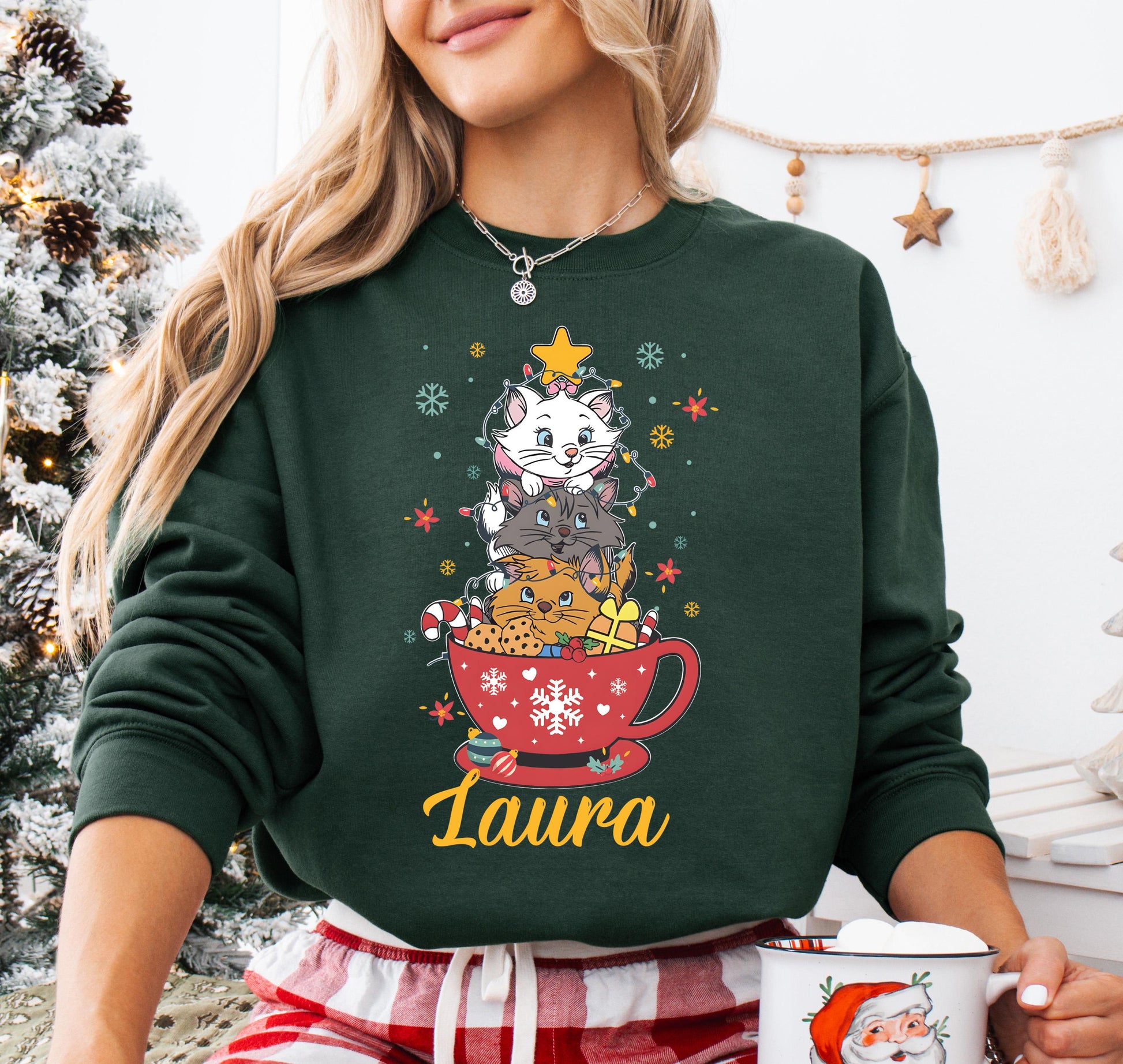 Cute Pink Cat Christmas Shirt – Festive Holiday Lights Tee