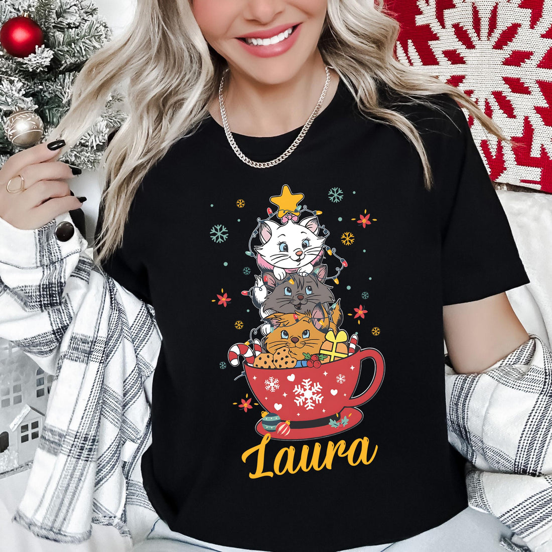 Cute Pink Cat Christmas Shirt – Festive Holiday Lights Tee