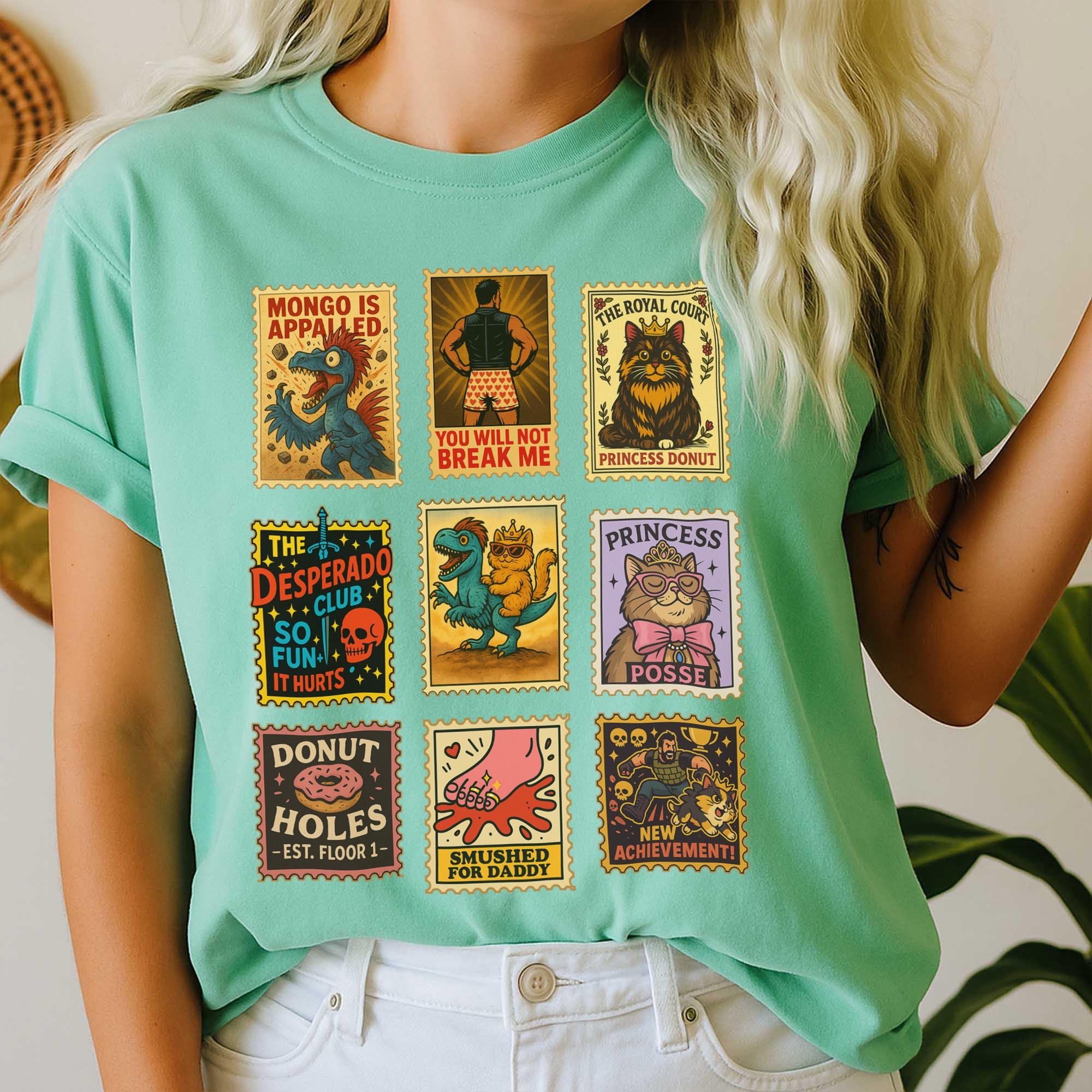 Dungeon Crawler Carl Inspired Shirt – Vintage Stamp Tee with Princess Donut & Mongo