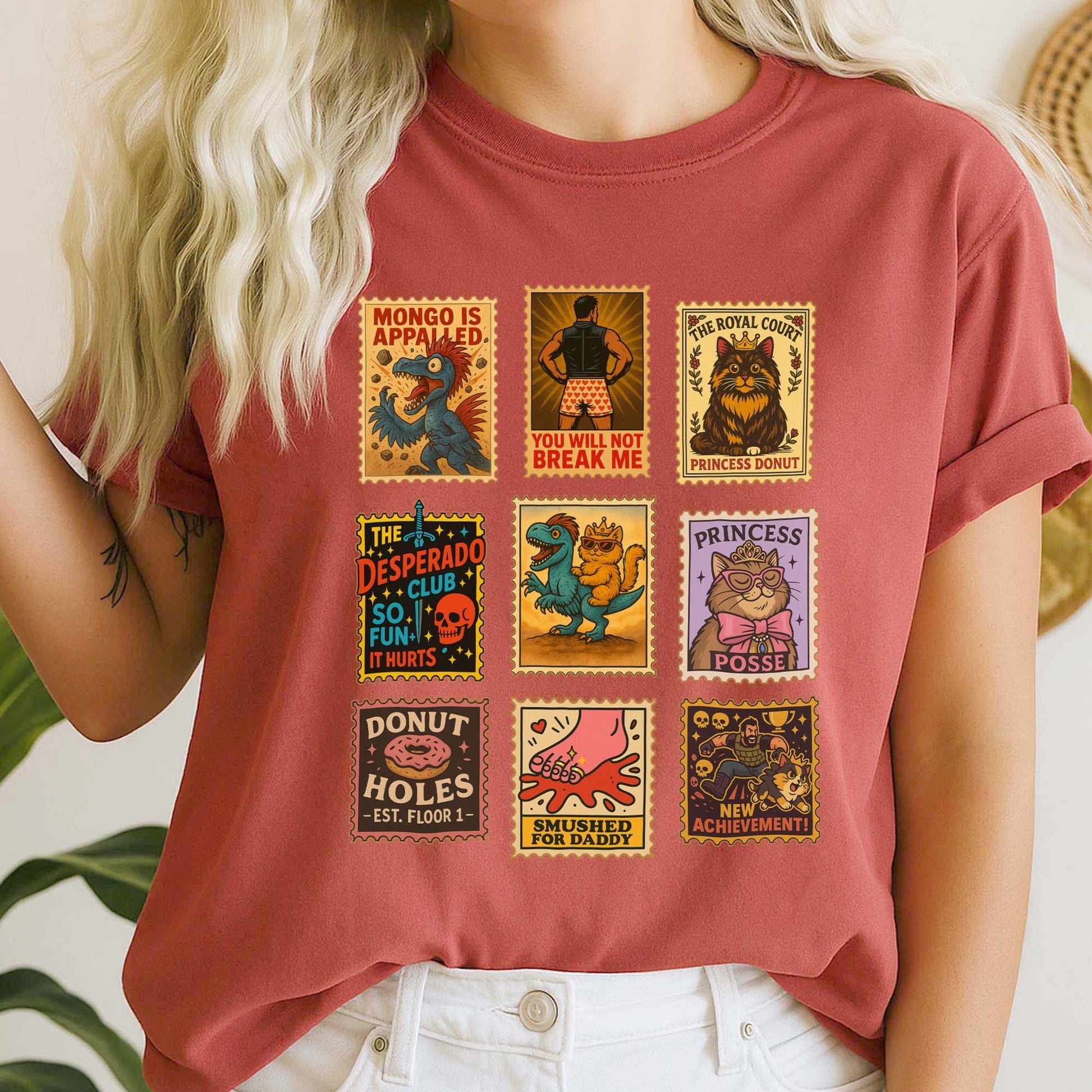 Dungeon Crawler Carl Inspired Shirt – Vintage Stamp Tee with Princess Donut & Mongo