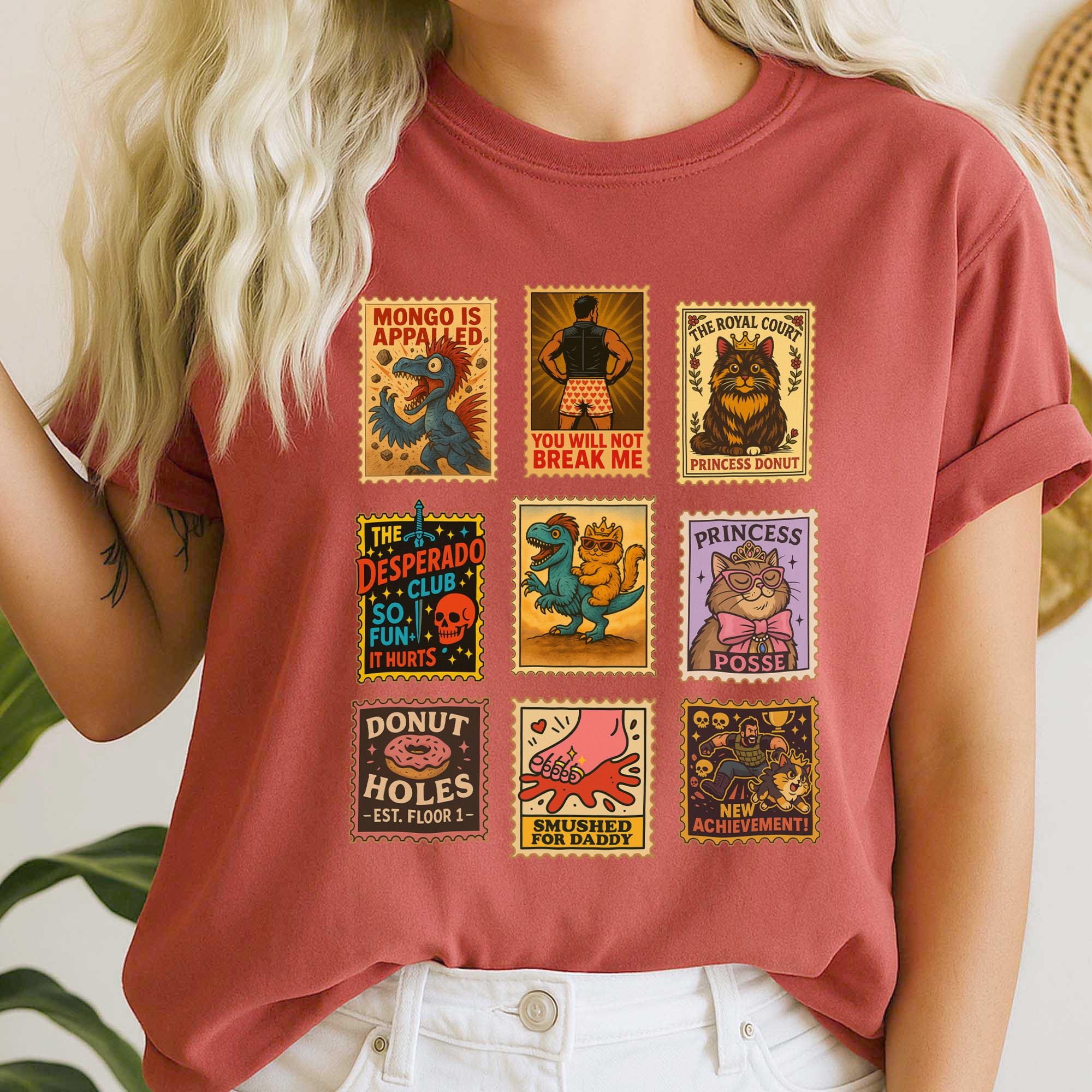 Dungeon Crawler Carl Inspired Shirt – Vintage Stamp Tee with Princess Donut & Mongo