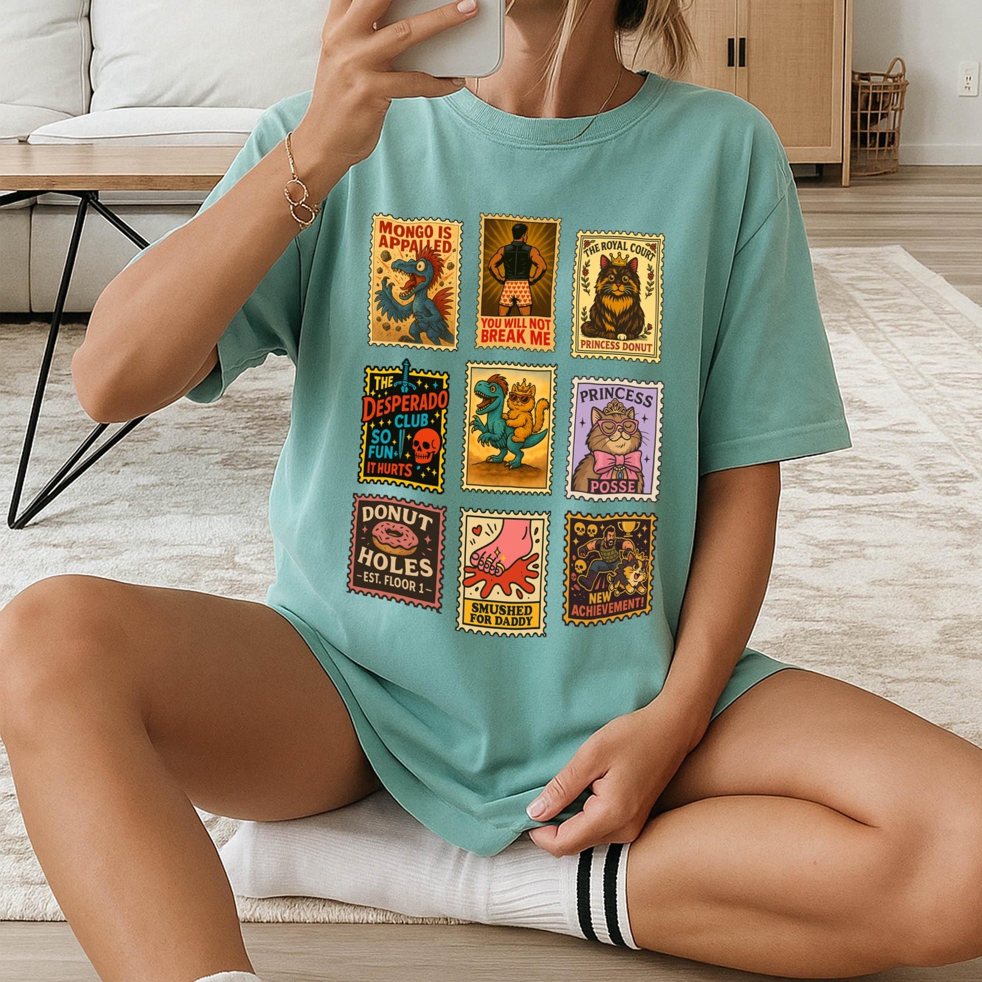 Dungeon Crawler Carl Inspired Shirt – Vintage Stamp Tee with Princess Donut & Mongo