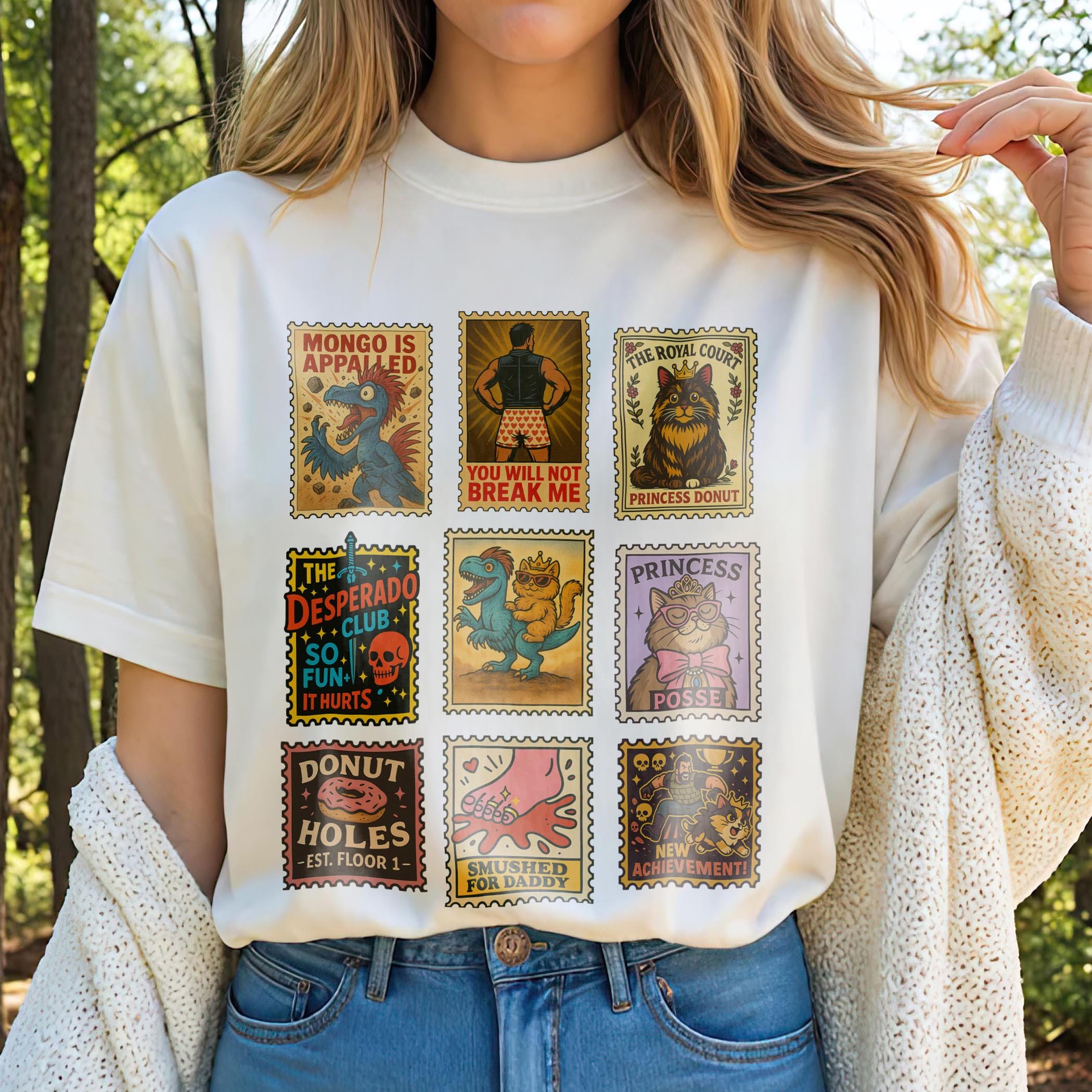 Dungeon Crawler Carl Inspired Shirt – Vintage Stamp Tee with Princess Donut & Mongo