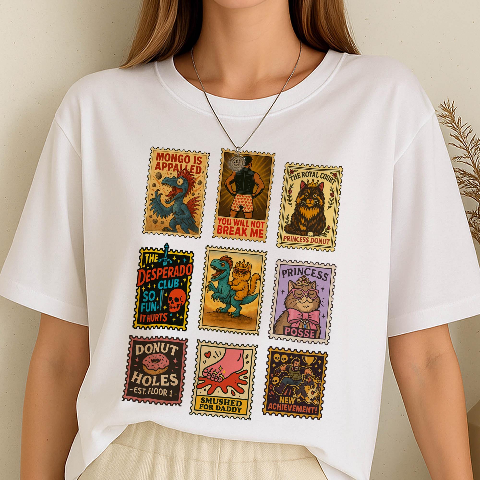 Dungeon Crawler Carl Inspired Shirt – Vintage Stamp Tee with Princess Donut & Mongo