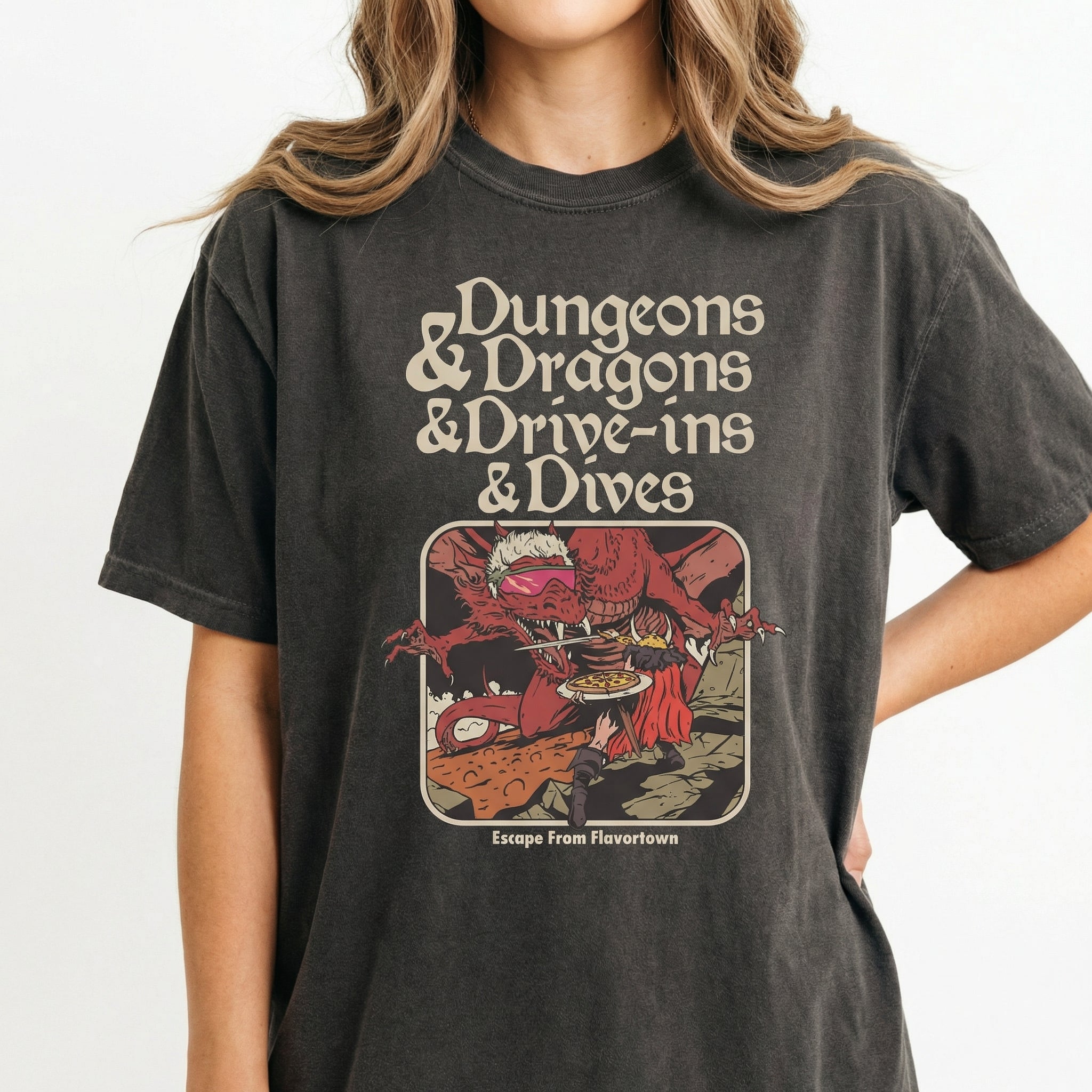 Dungeon Dragon Dives Graphic T-Shirt – Y2K Retro Fantasy Parody Tee