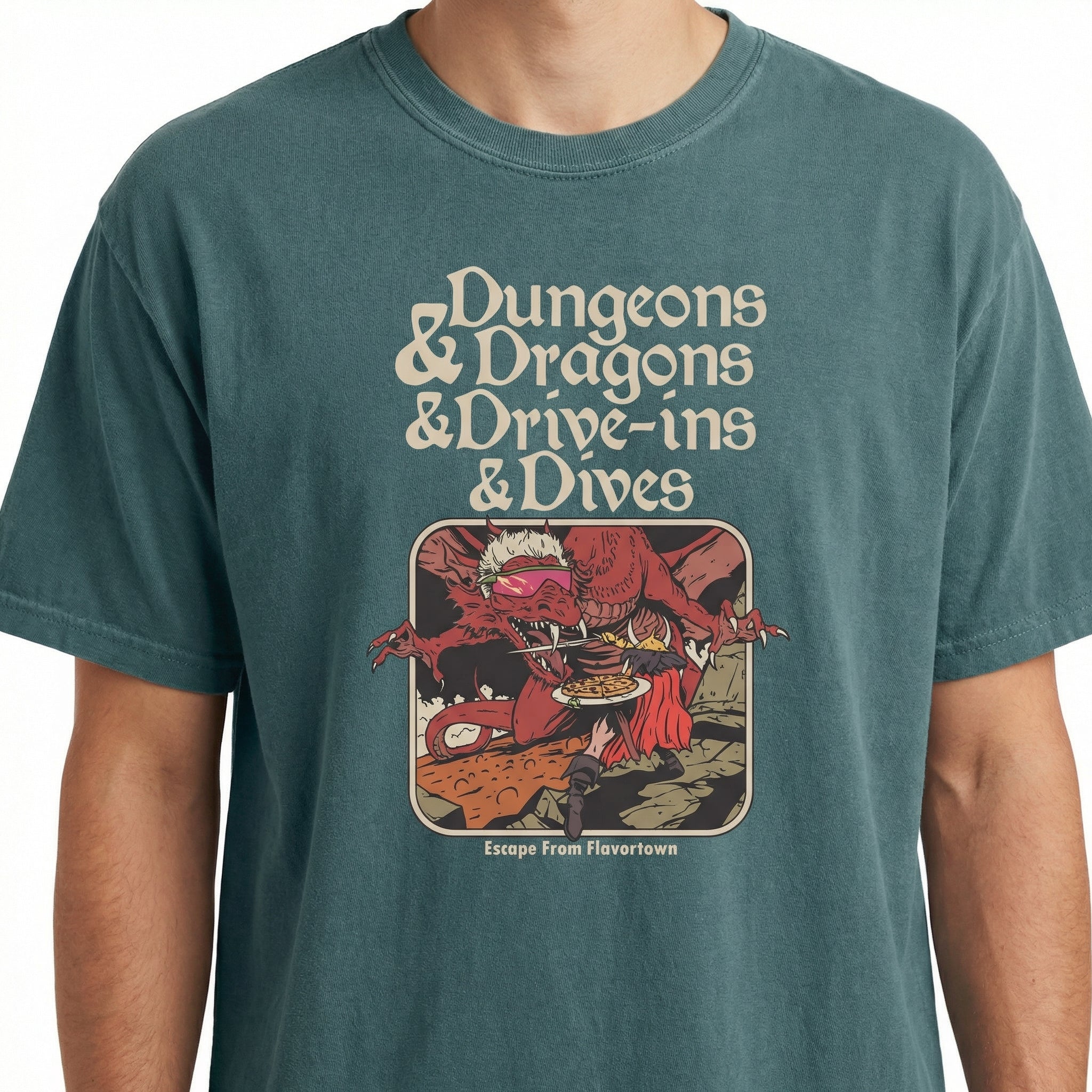 Dungeon Dragon Dives Graphic T-Shirt – Y2K Retro Fantasy Parody Tee
