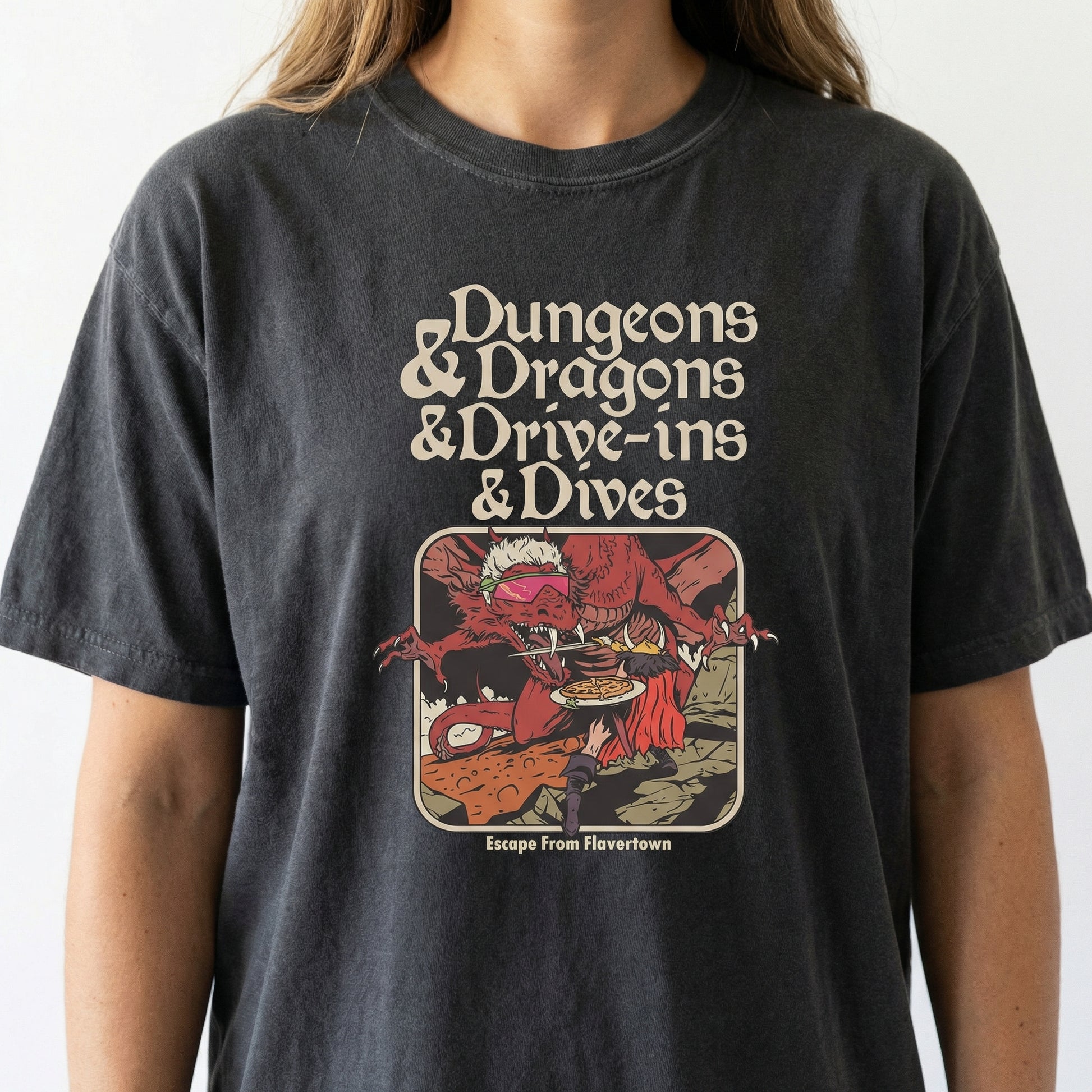 Dungeon Dragon Dives Graphic T-Shirt – Y2K Retro Fantasy Parody Tee