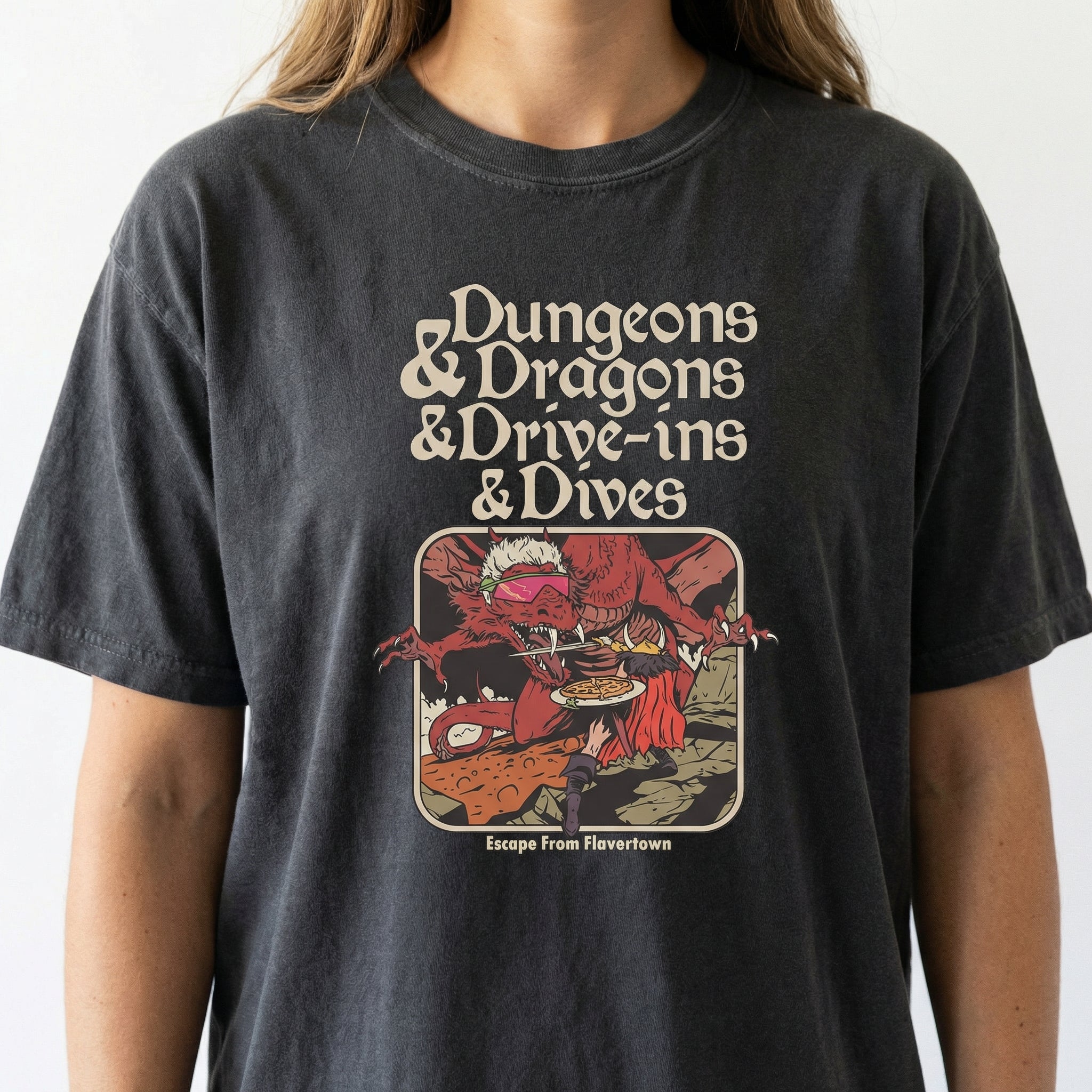 Dungeon Dragon Dives Graphic T-Shirt – Y2K Retro Fantasy Parody Tee