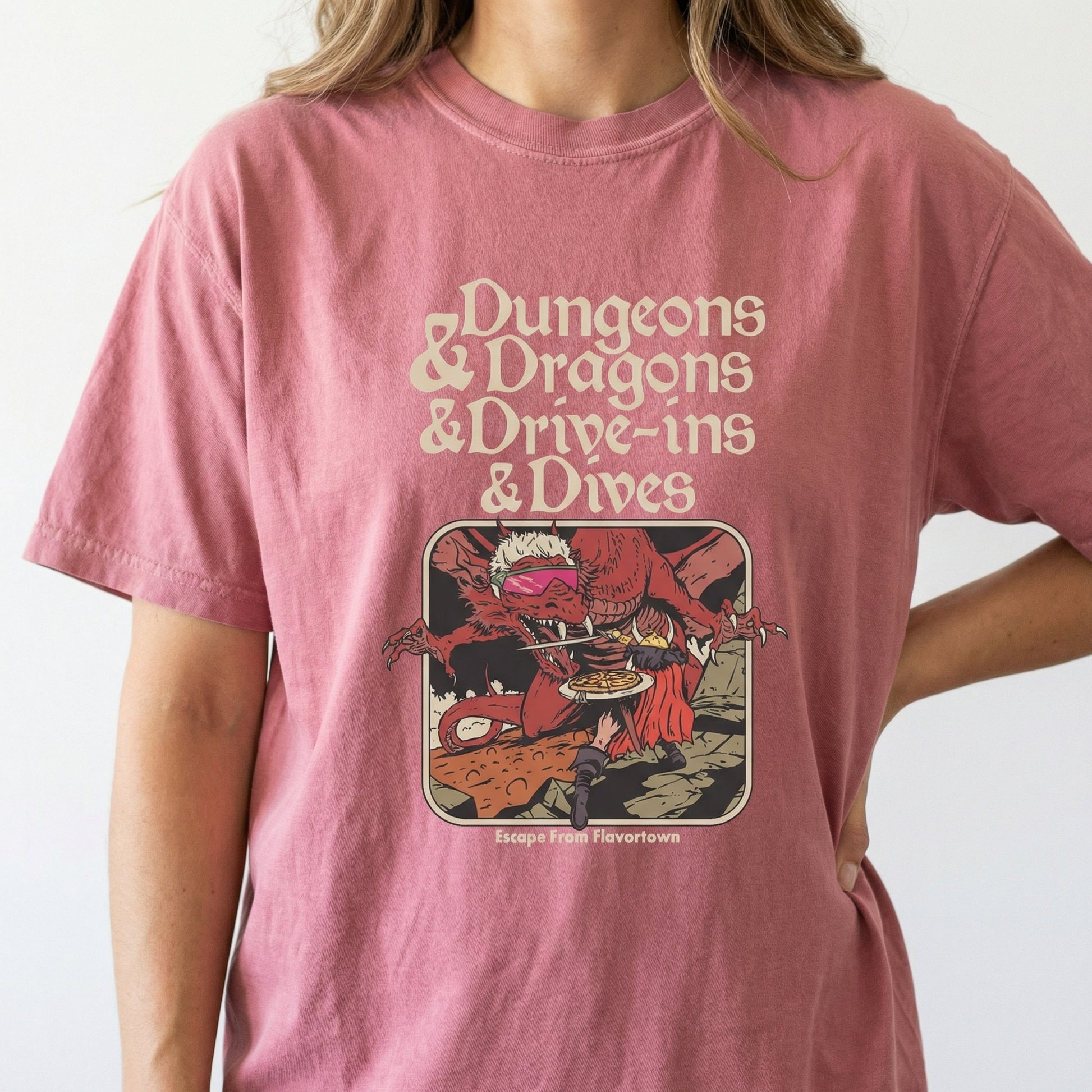 Dungeon Dragon Dives Graphic T-Shirt – Y2K Retro Fantasy Parody Tee