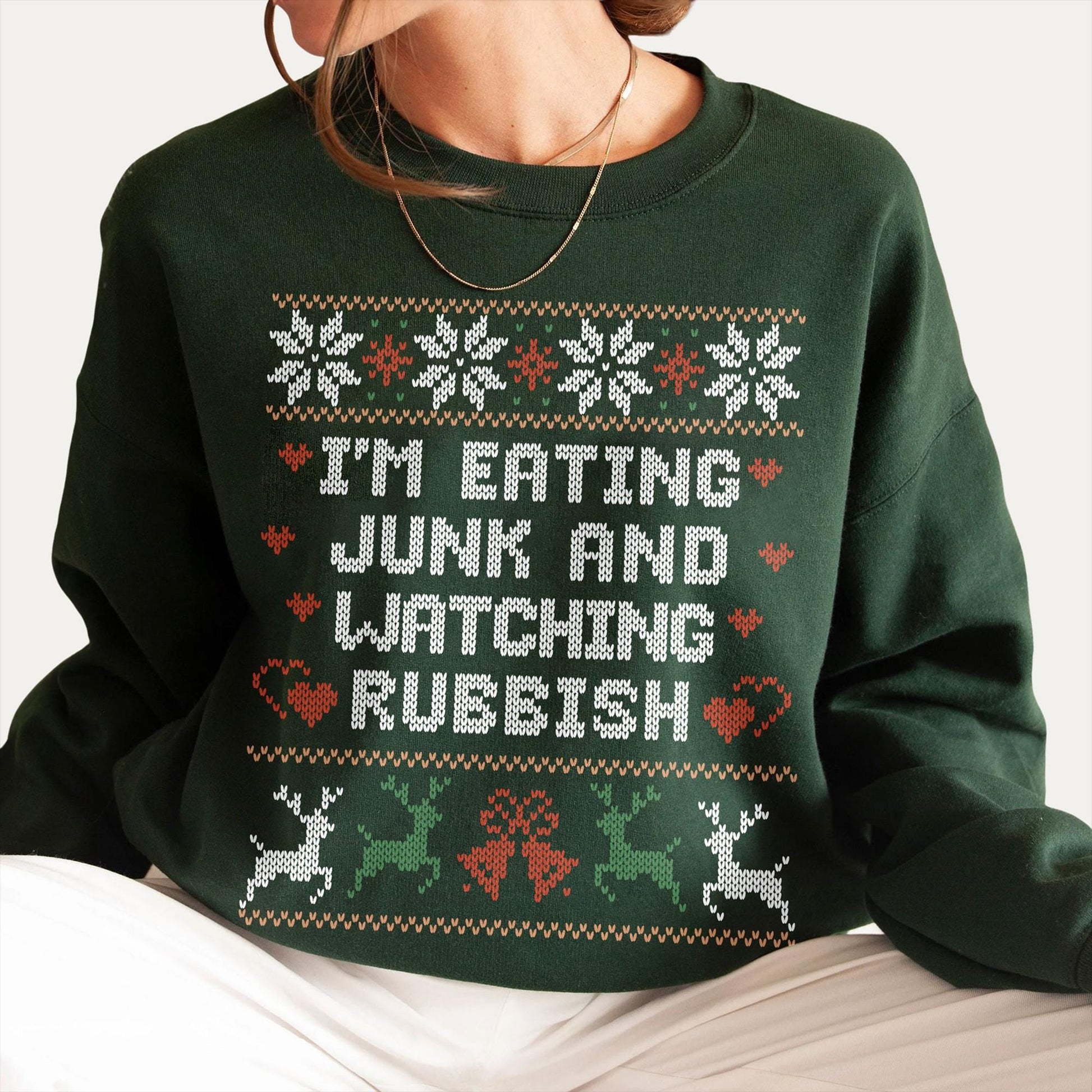 Eating Junk and Watching Rubbish Christmas Sweatshirt – Funny Christmas Movie Quote Crewneck, Ugly Christmas Sweater