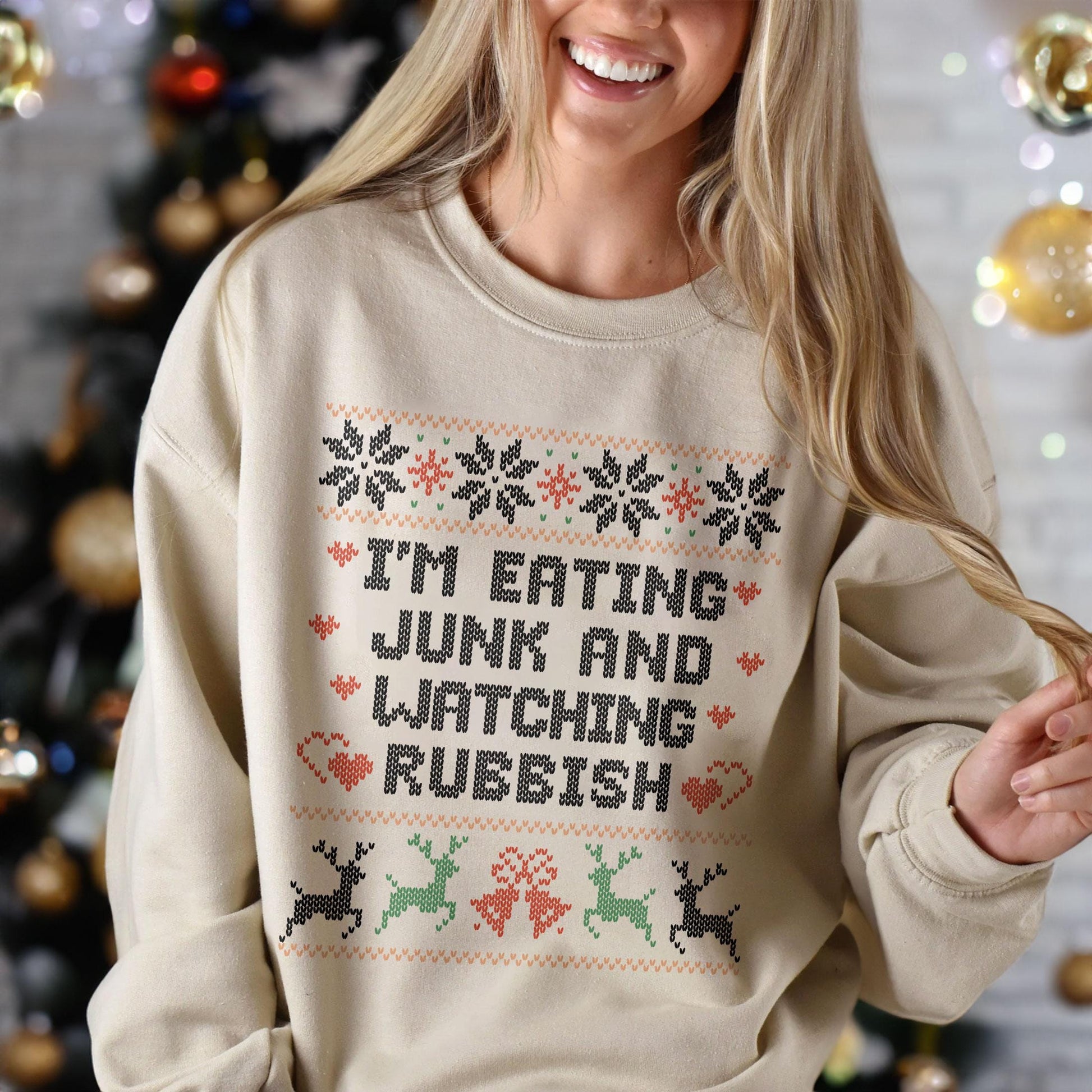 Eating Junk and Watching Rubbish Christmas Sweatshirt – Funny Christmas Movie Quote Crewneck, Ugly Christmas Sweater