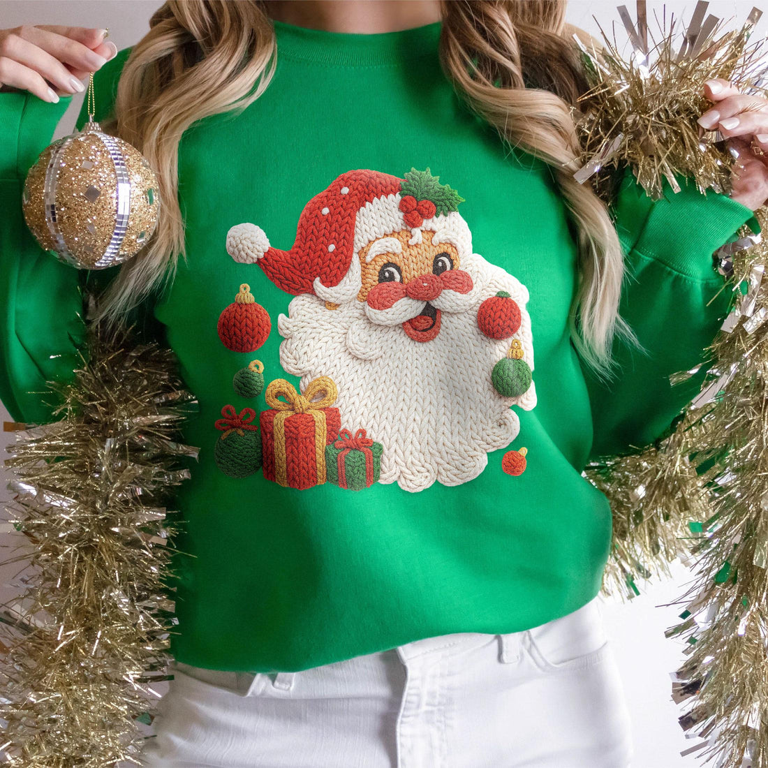 Faux Yarn Merry Christmas Sweatshirt – Santa Claus Knit-Style Ugly Holiday Sweater
