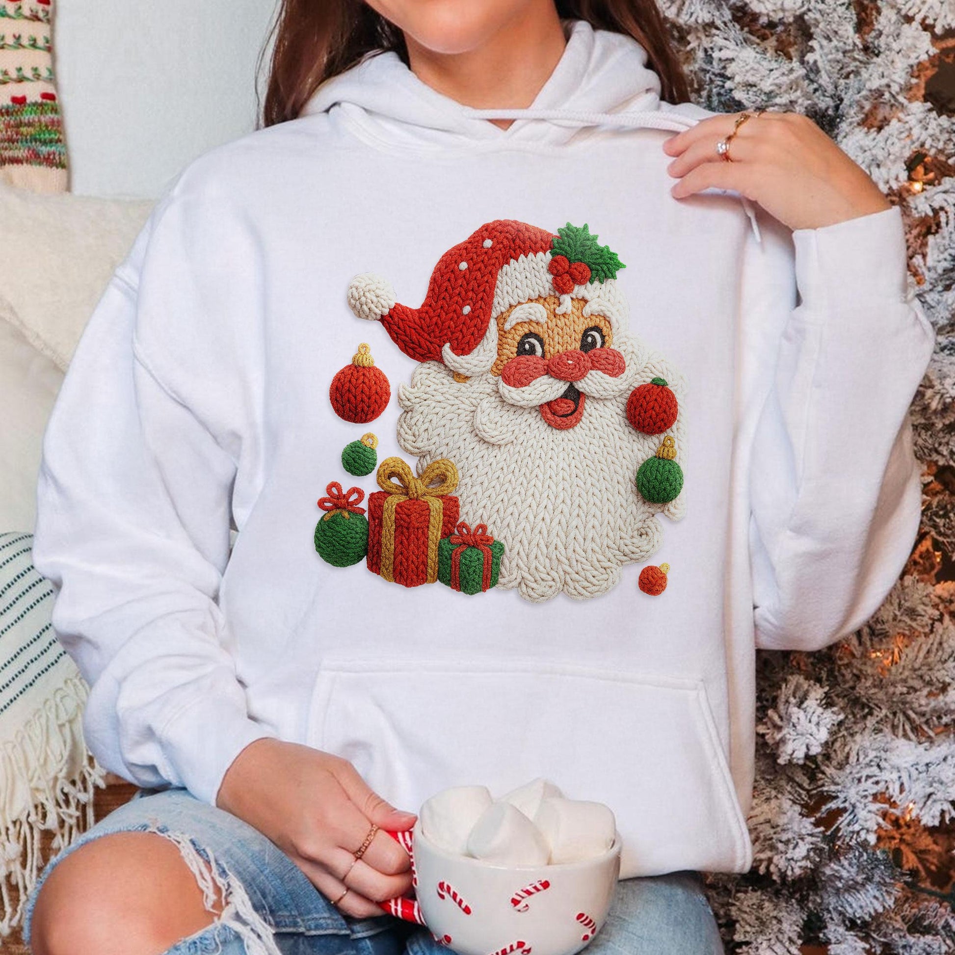 Faux Yarn Merry Christmas Sweatshirt – Santa Claus Knit-Style Ugly Holiday Sweater