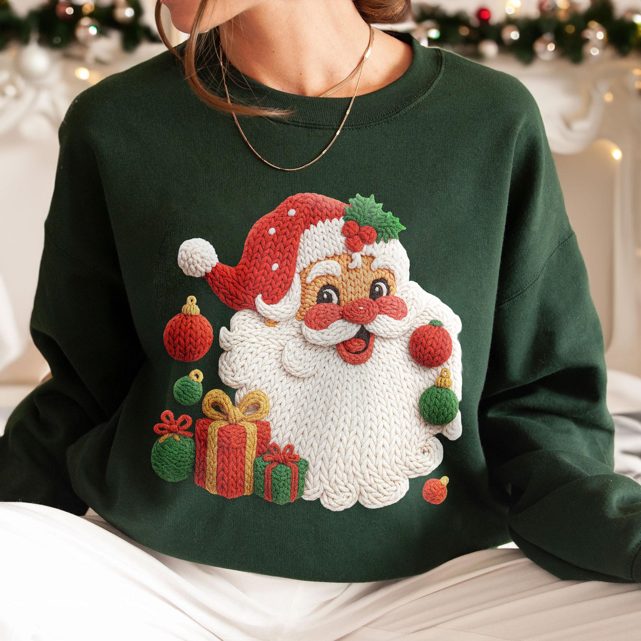 Faux Yarn Merry Christmas Sweatshirt – Santa Claus Knit-Style Ugly Holiday Sweater