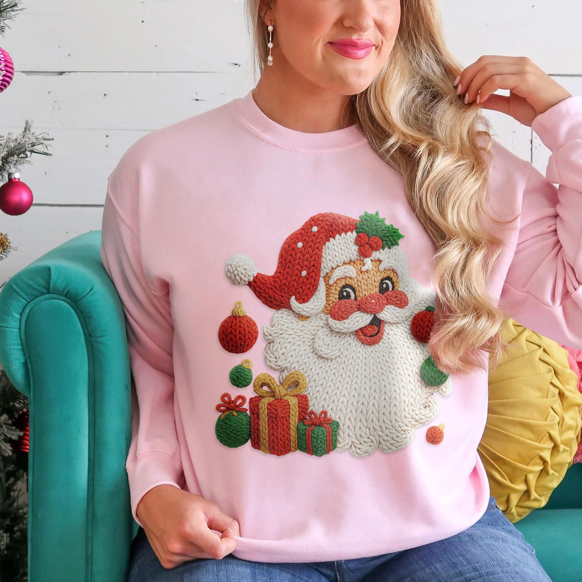 Faux Yarn Merry Christmas Sweatshirt – Santa Claus Knit-Style Ugly Holiday Sweater