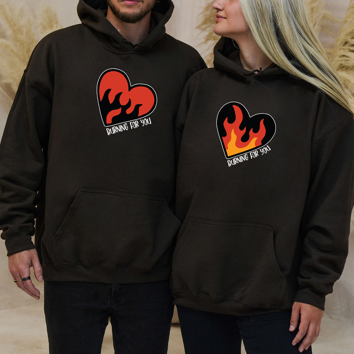 Flaming Heart Matching Hoodies For Couples
