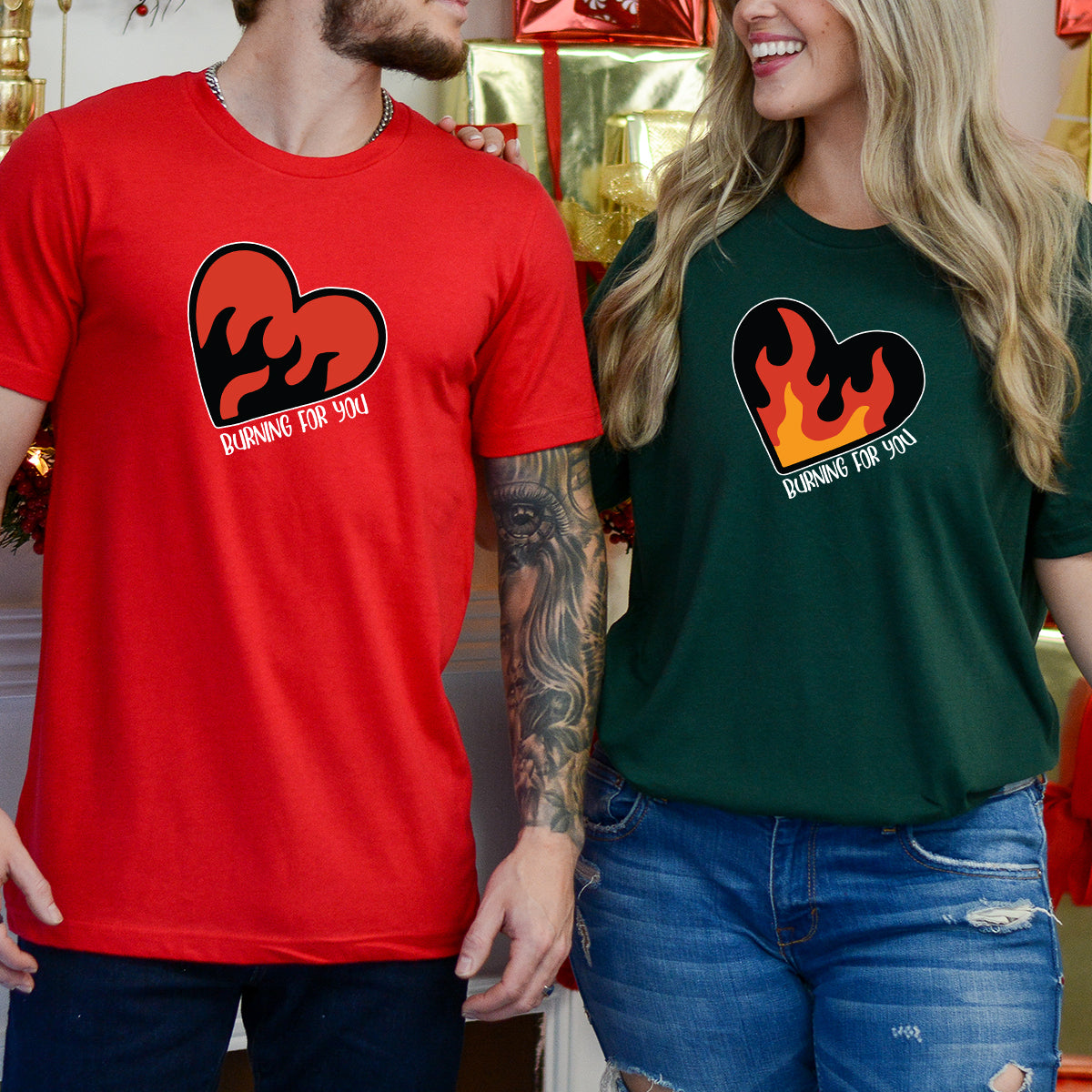 Flaming Heart Matching T-Shirts For Couples
