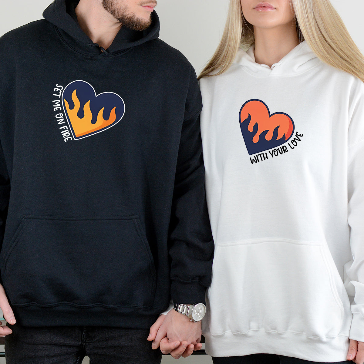 Flaming Hearts Matching Hoodies For Couples