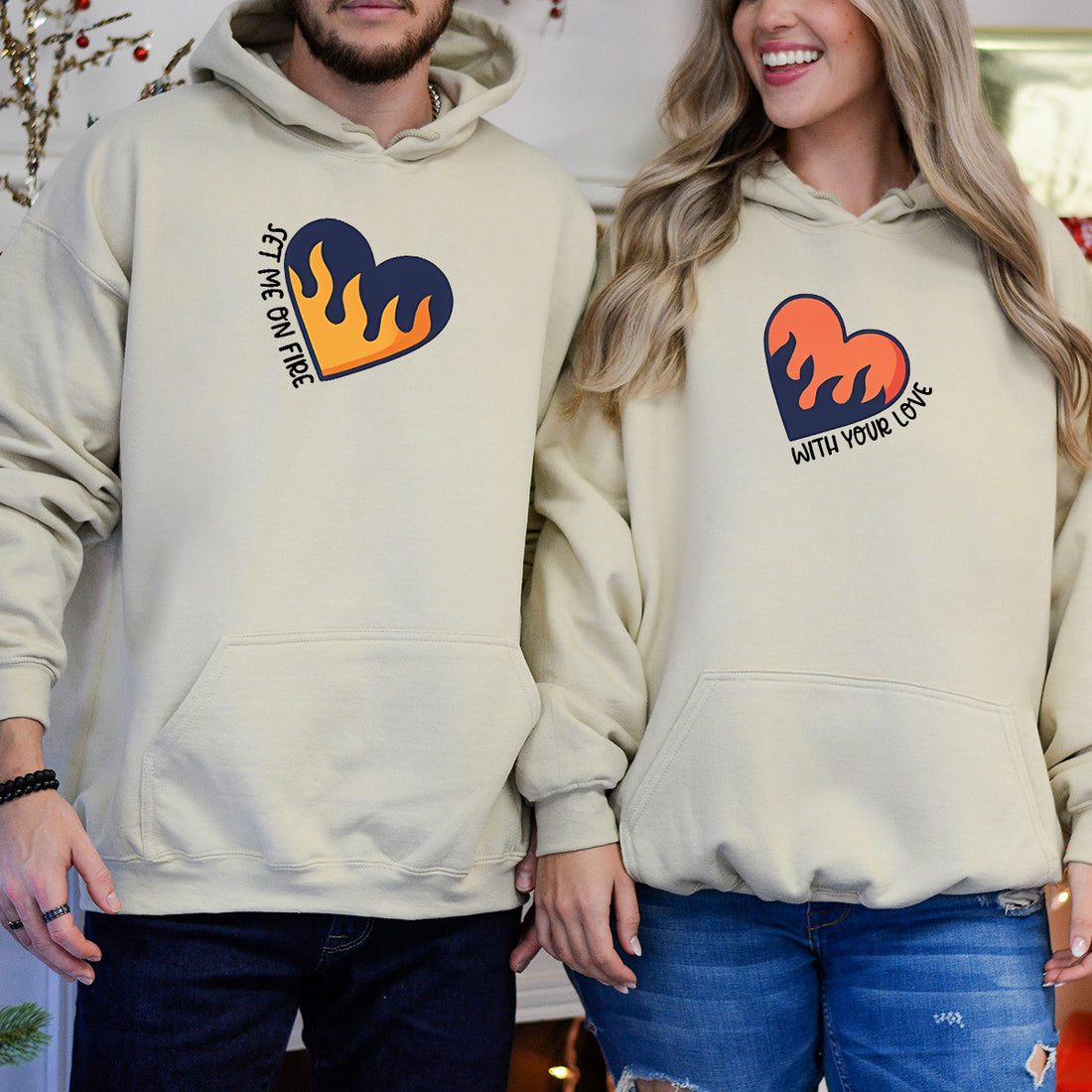 Flaming Hearts Matching Hoodies For Couples