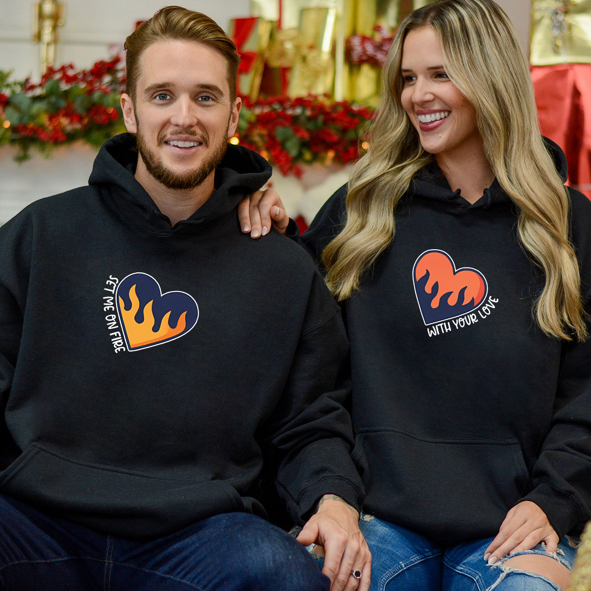 Flaming Hearts Matching Hoodies For Couples