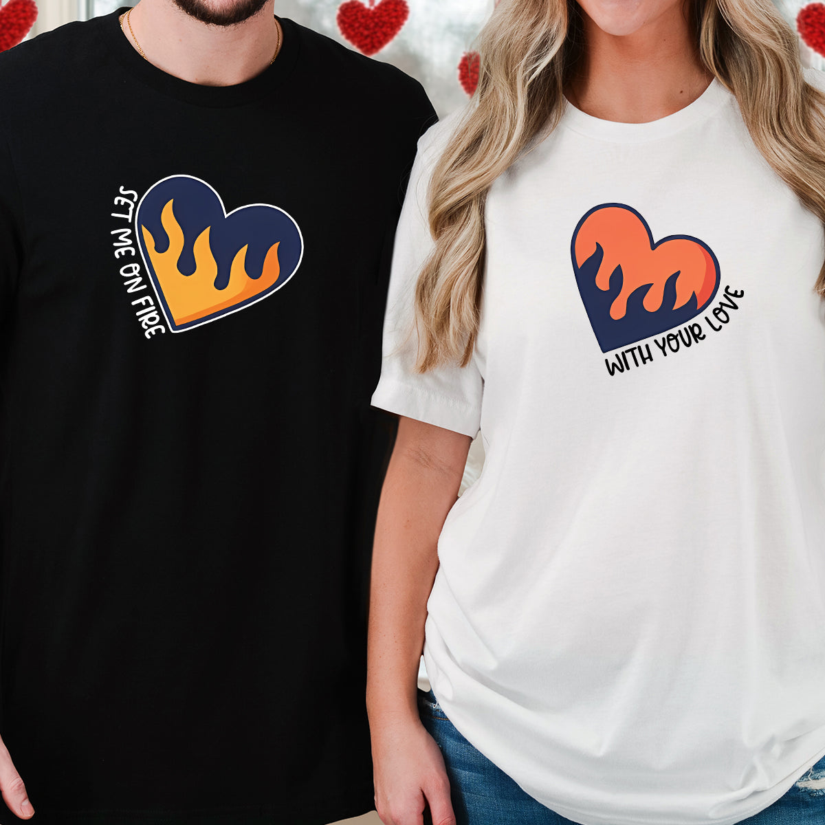Flaming Hearts Matching T-Shirts For Couples