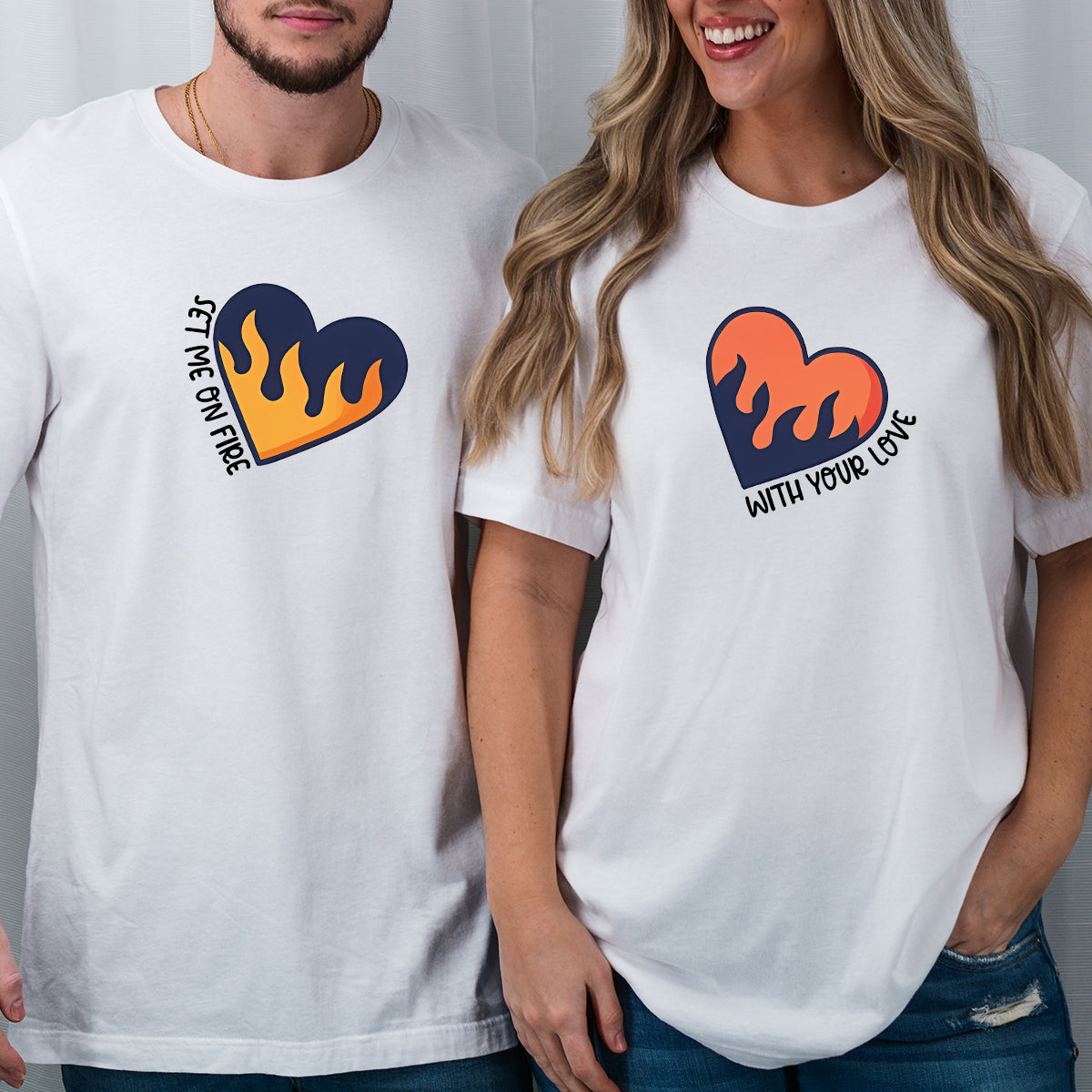 Flaming Hearts Matching T-Shirts For Couples
