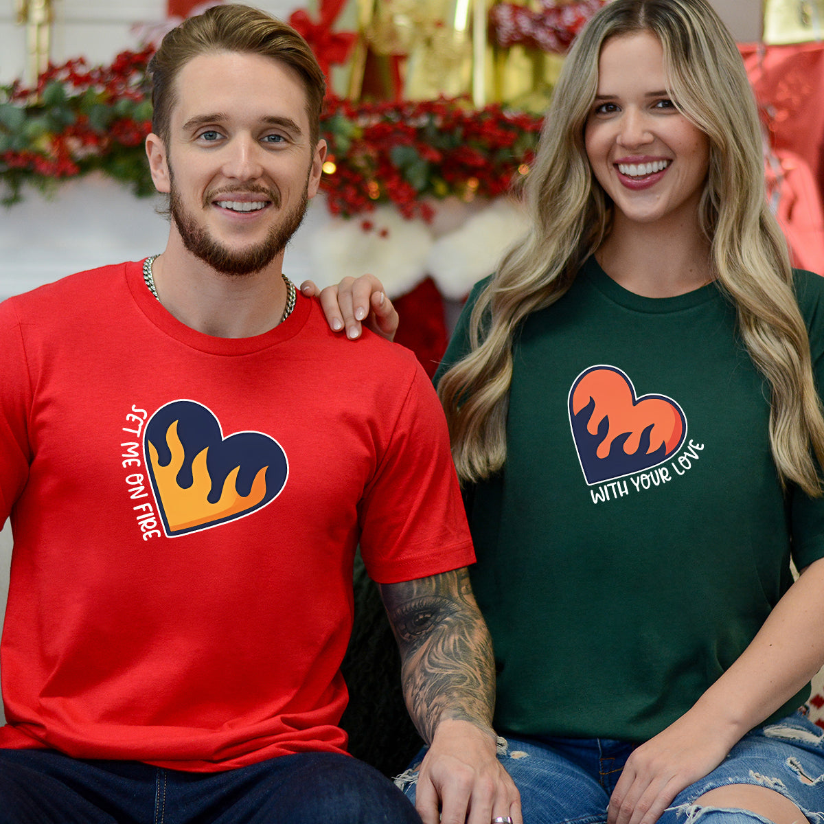 Flaming Hearts Matching T-Shirts For Couples