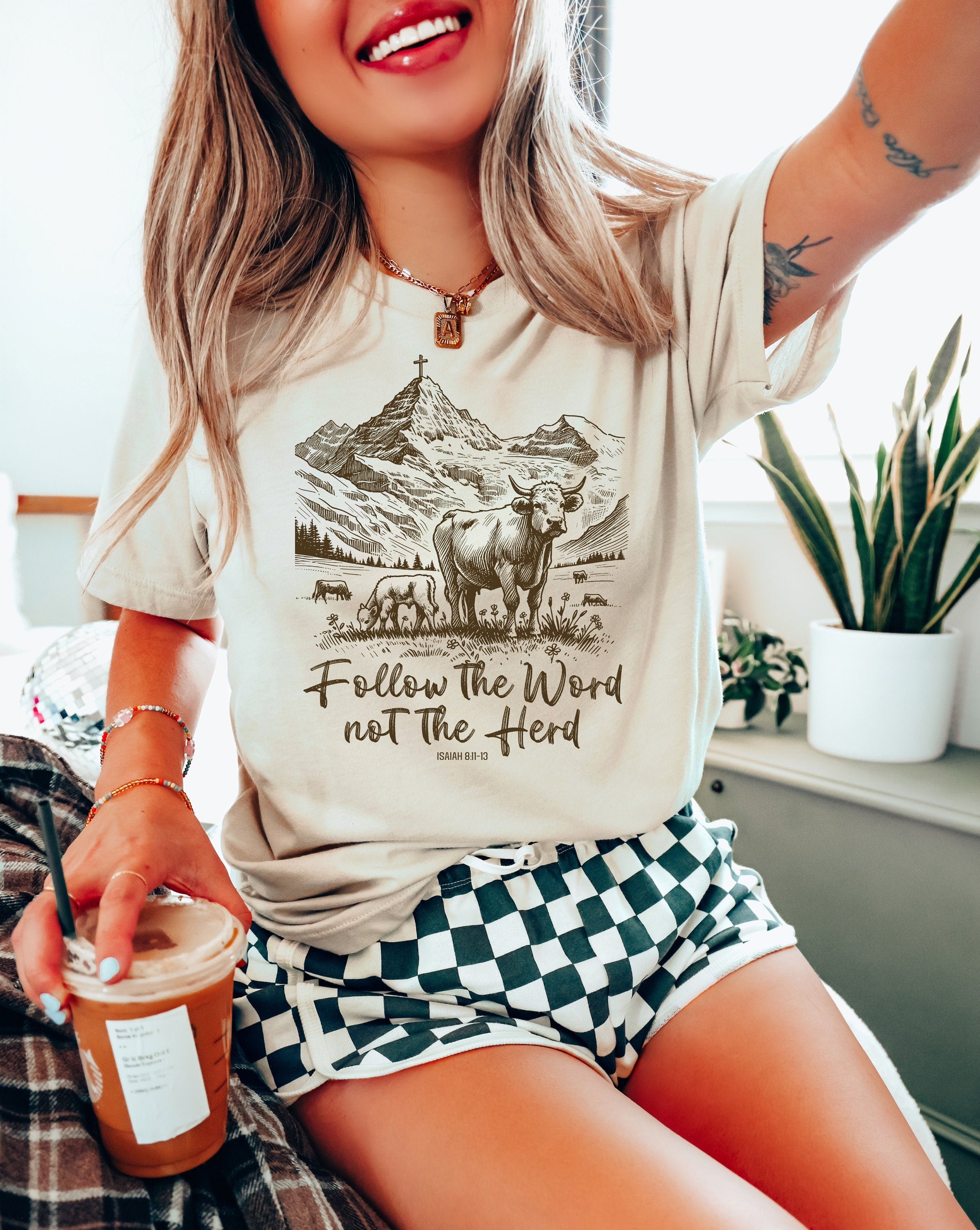 Follow the Word Not the Herd Shirt – Funny Bible T Shirt – Christian Country Western Cow Tee