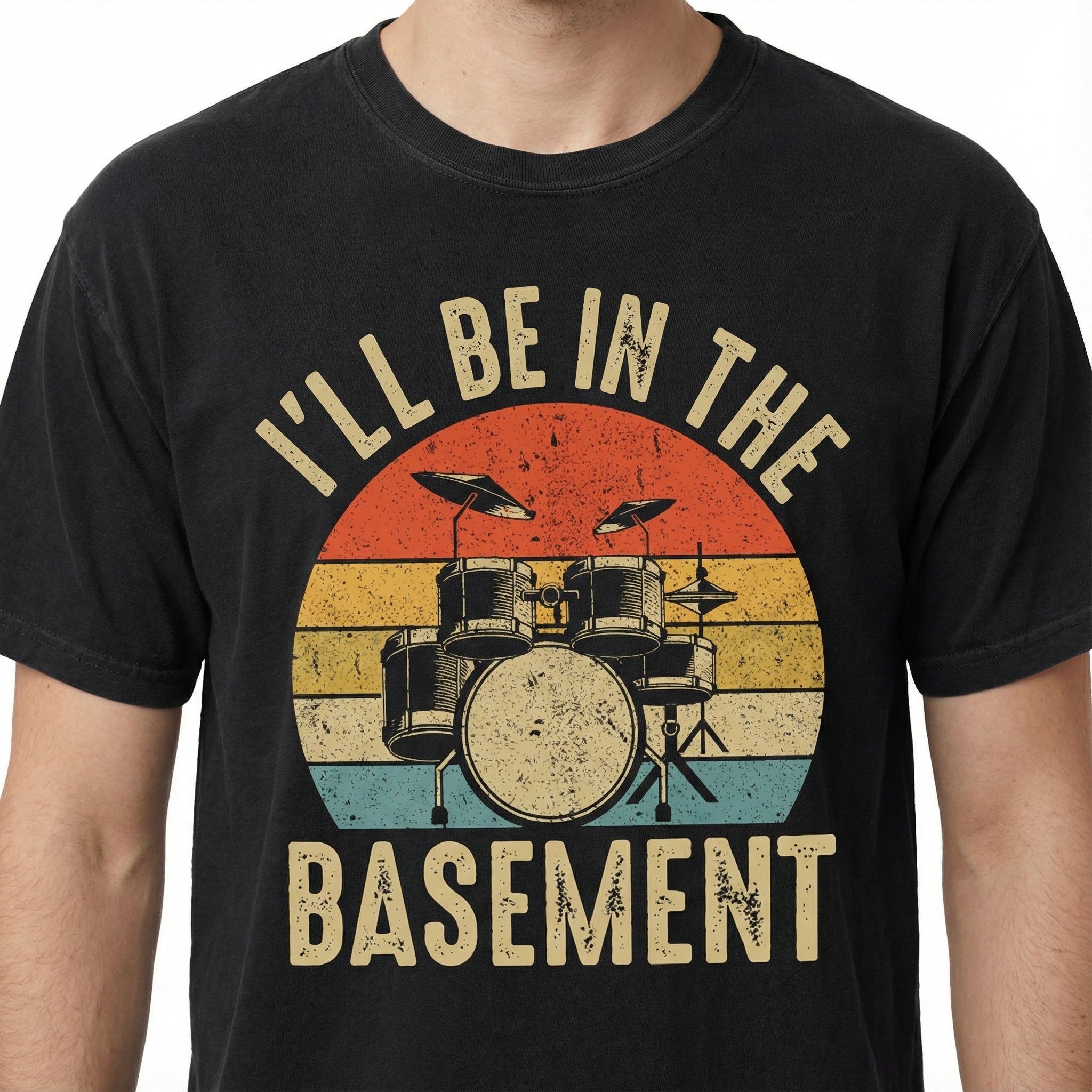 Funny Drummer Dad Graphic T-Shirt - I'll Be In The Basement Retro Tee