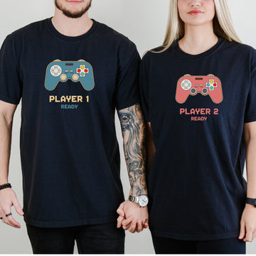 Funny Player 1 Player 2 Gamer Ready Matching T-Shirts For Couples