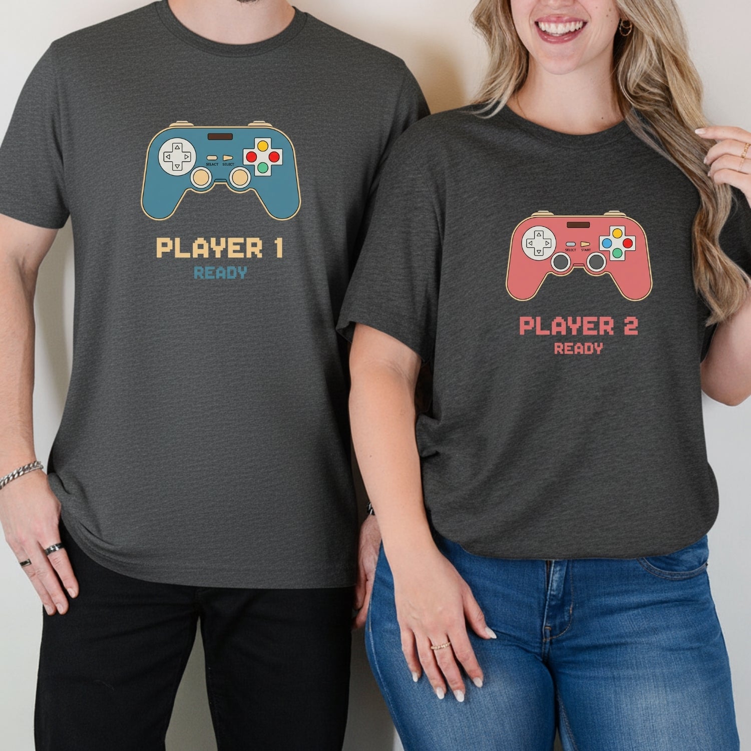 Funny Player 1 Player 2 Gamer Ready Matching T-Shirts For Couples