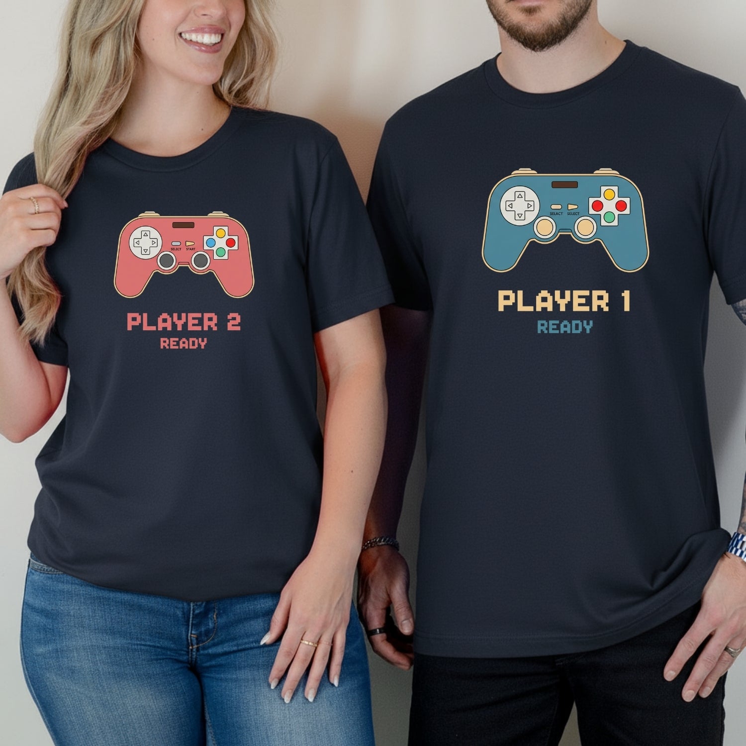 Funny Player 1 Player 2 Gamer Ready Matching T-Shirts For Couples