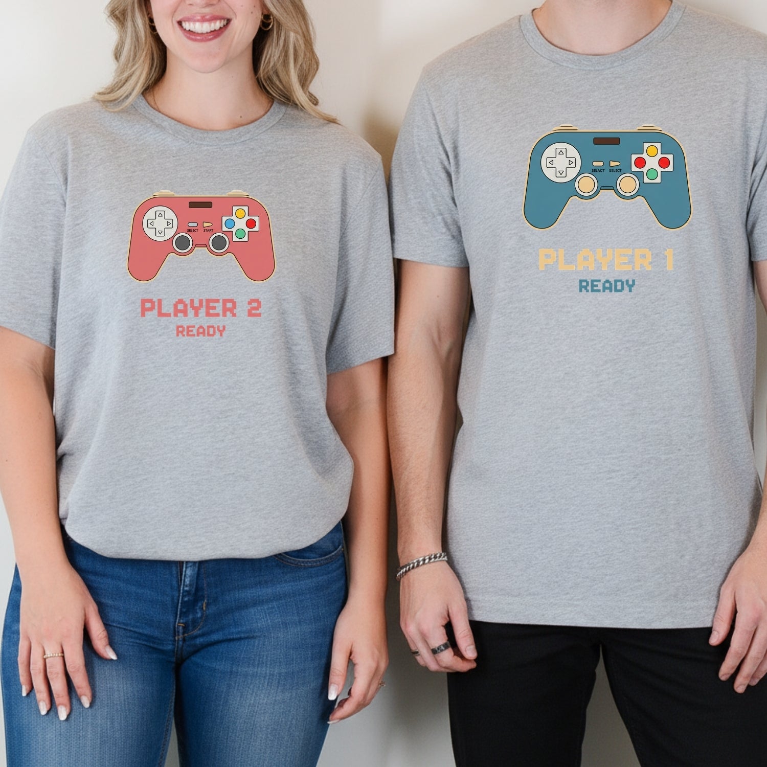 Funny Player 1 Player 2 Gamer Ready Matching T-Shirts For Couples