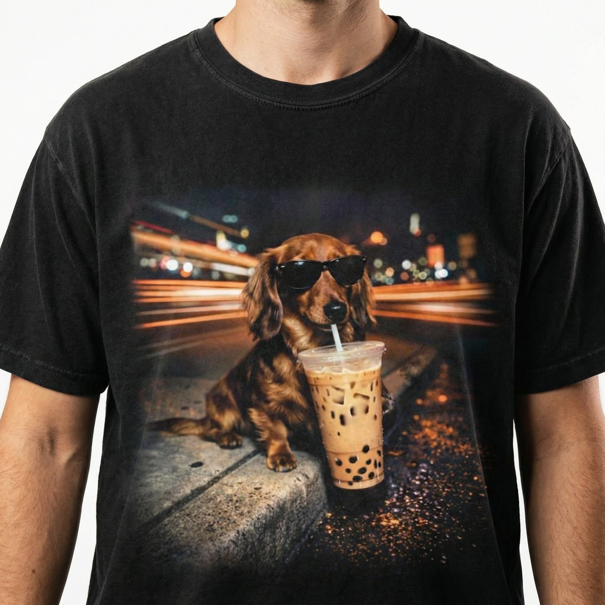 Funny Dachshund Drinking Iced Coffee T-Shirt – Vintage Wiener Dog Lover Tee