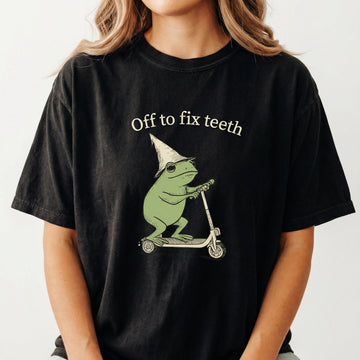 Funny Frog Dental Crew Shirt – Off to Fix Teeth Graphic Tee