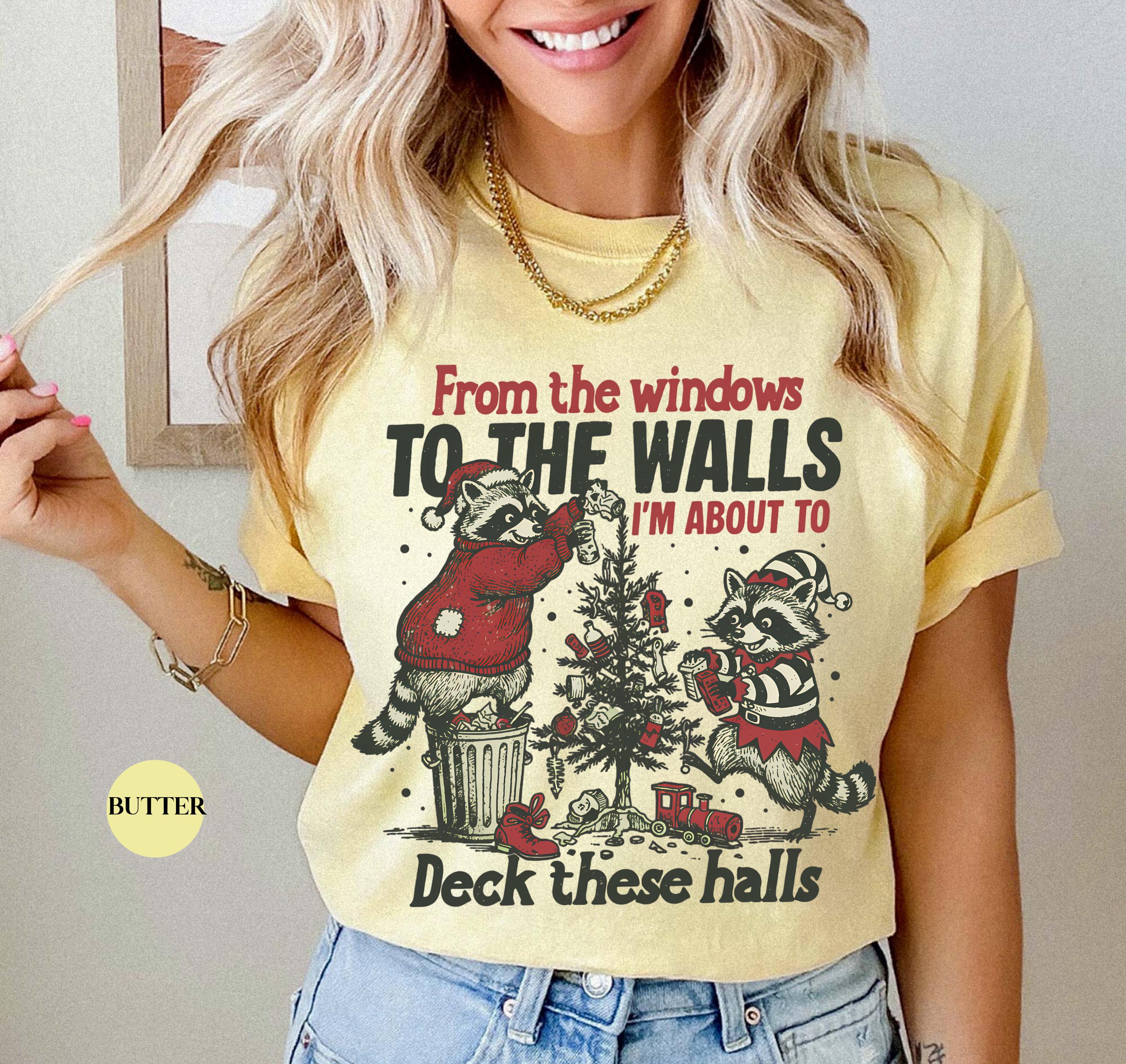 Funny Christmas Raccoon Shirt – From the Windows to the Wall Holiday Tee, Y2K Meme Unisex Christmas T-Shirt