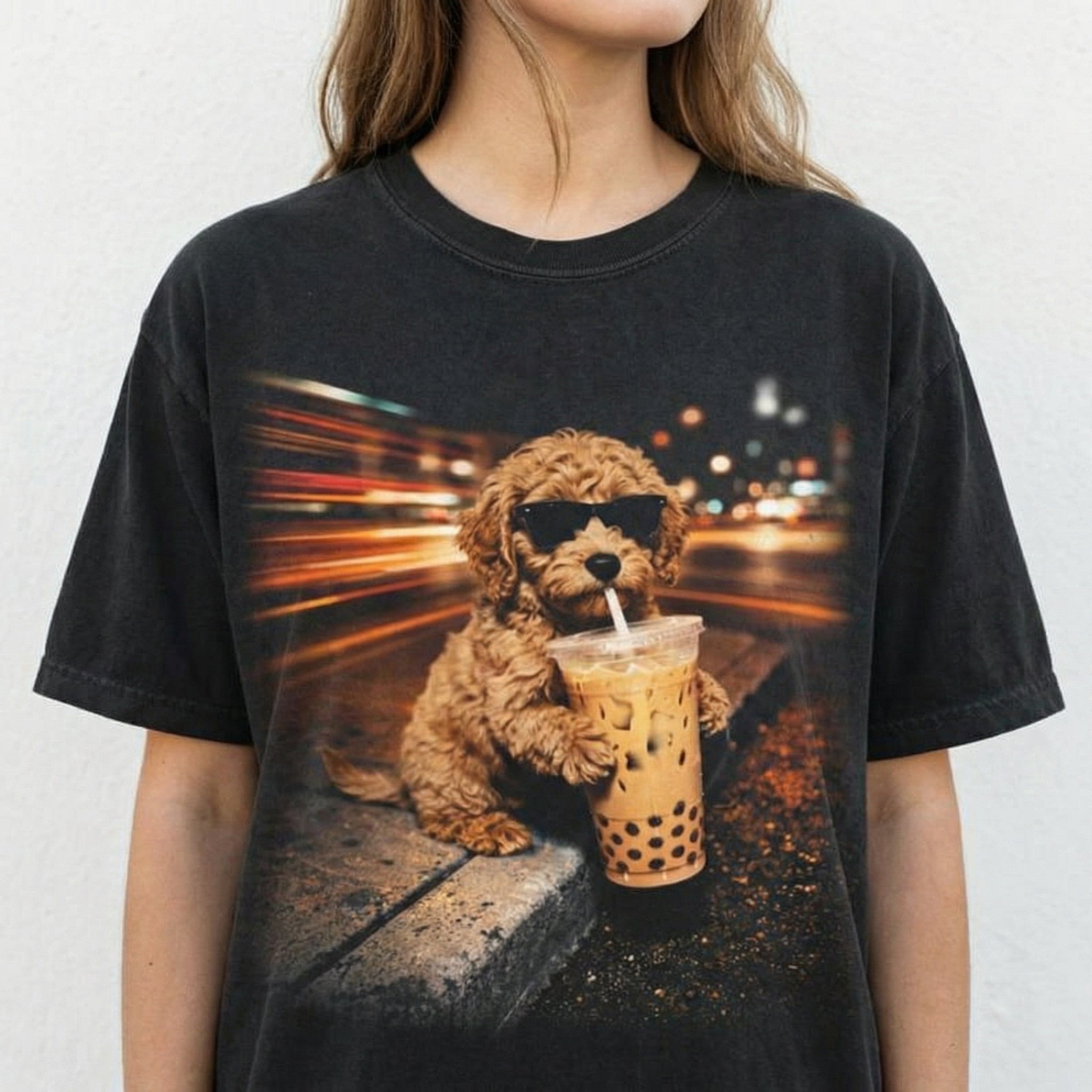 Funny Goldendoodle Drinking Iced Coffee T-Shirt – Vintage Dog Lover Gift