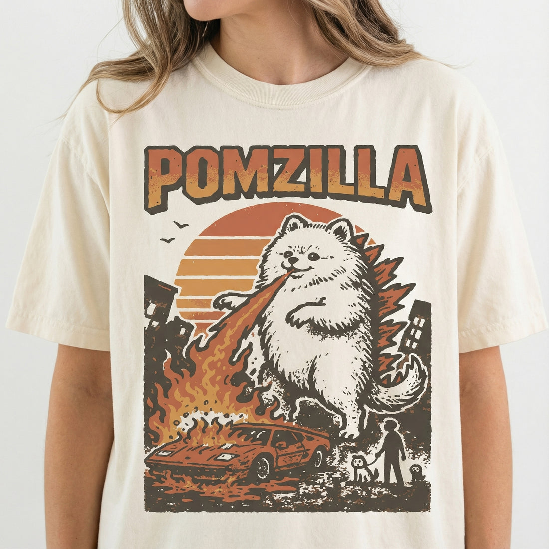 Funny Pomeranian Monster T-Shirt – Vintage Comic Fire-Breathing Dog Graphic Tee