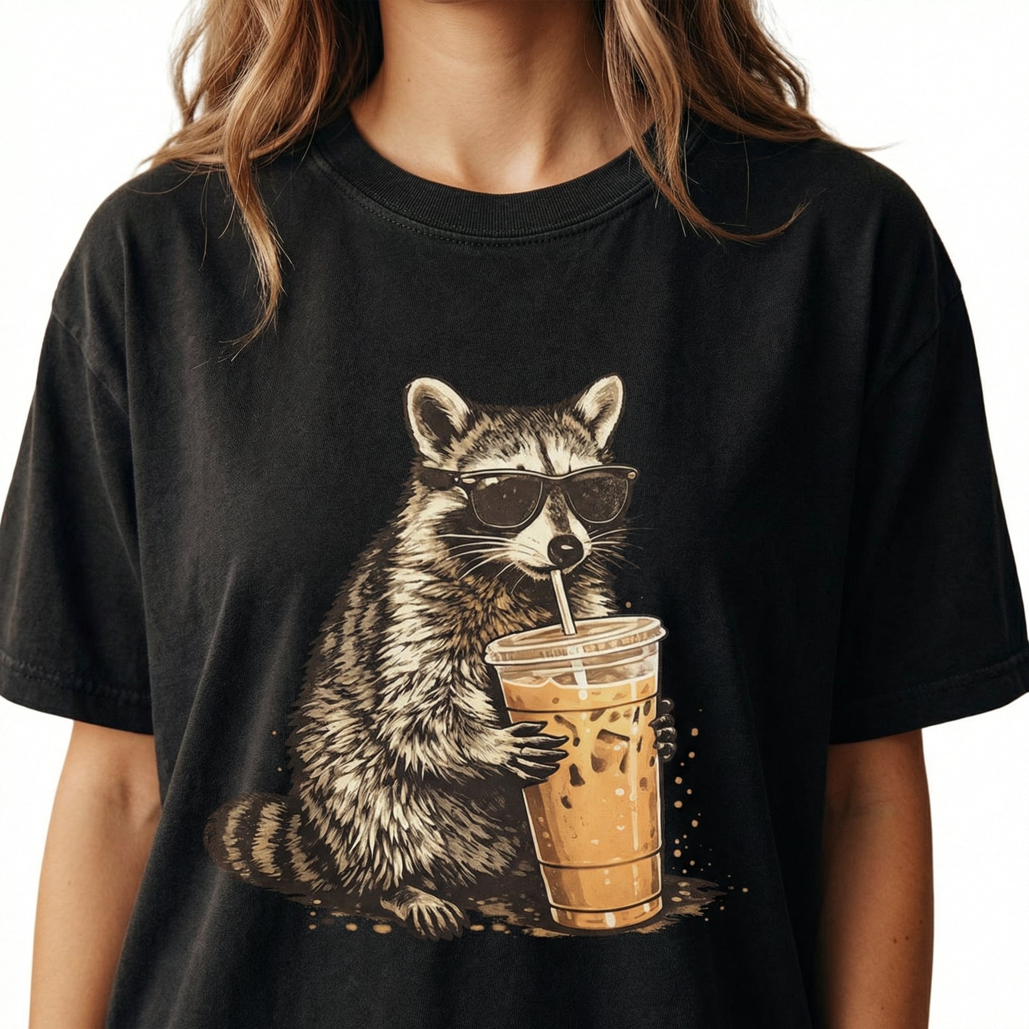 Funny Raccoon Iced Coffee Graphic T-Shirt – Cute Animal Lover Tee